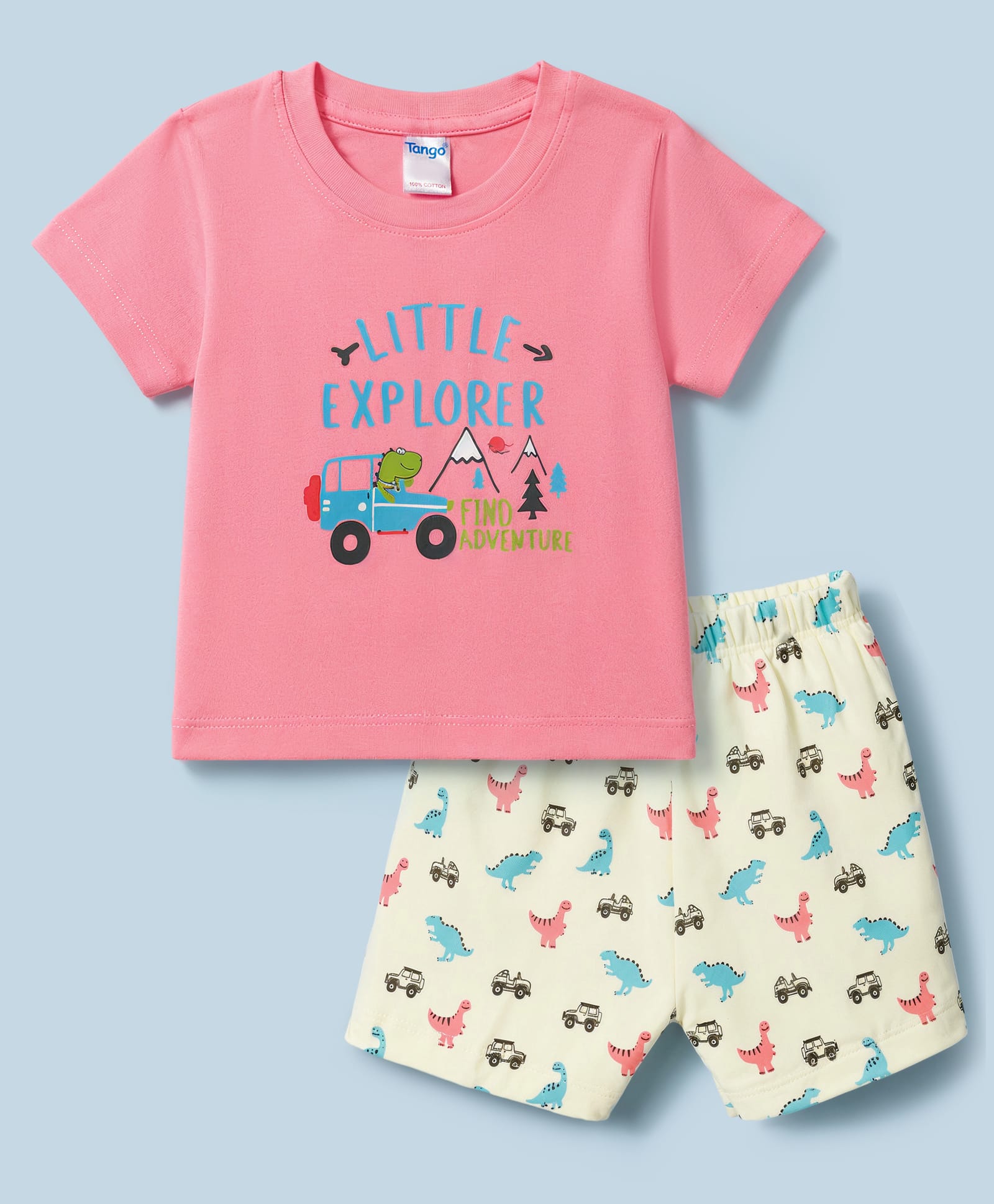Tango Interlock Knit Half Sleeves Dino & Vehicles Printed T-Shirt & Shorts Set - Coral-image-25