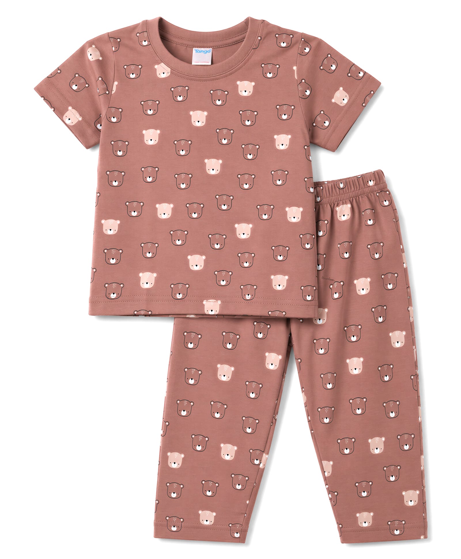 Tango Single Jersey Knit Half Sleeves Co-Ords T-Shirt & Pajama Night Suit with Bear Face Print - Rose Gold-picture-26
