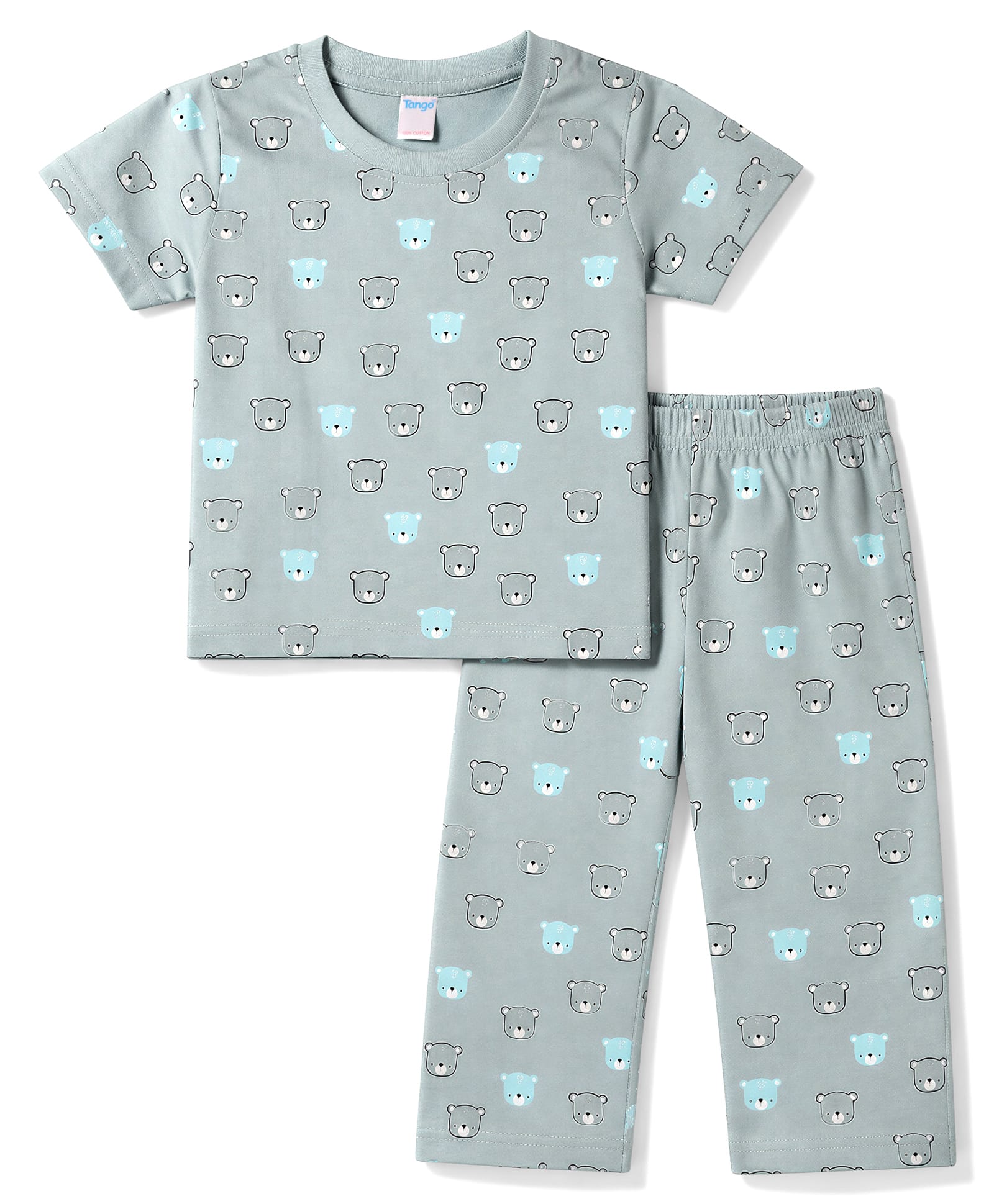 Tango Single Jersey Knit Half Sleeves Co-Ords T-Shirt & Pajama Night Suit with Bear Face Print - Sky-picture-40