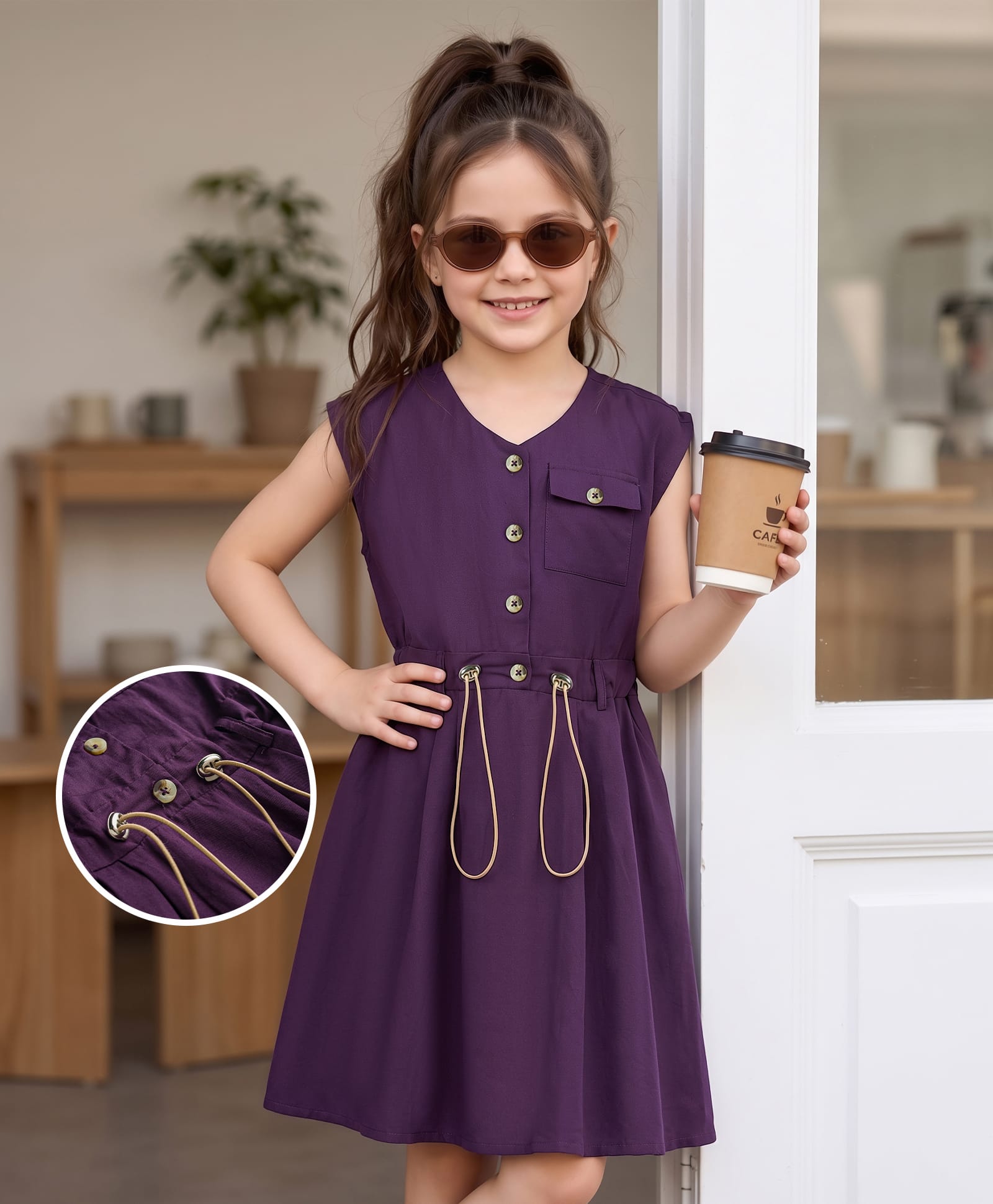 Hola Bonita Cotton Woven One Piece Dresses/Frocks Sleeveless Knee Length Solid Purple 4-5 Years-image-43