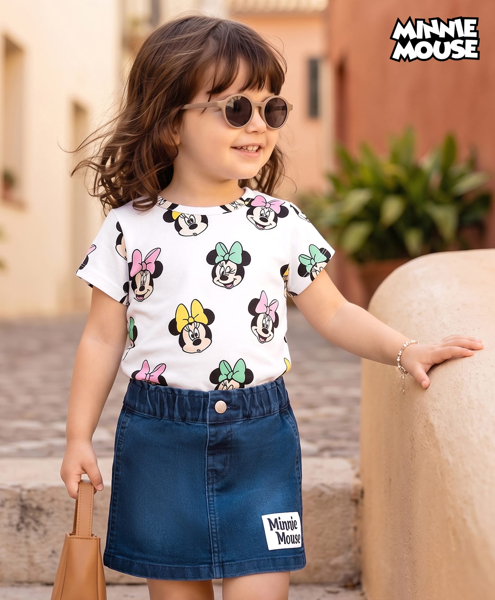 Babyhug Disney Single Jersey Knit Half Sleeves T-Shirt & Denim Skirt Set With Minnie Mouse Graphics - Multicolor-picture-19