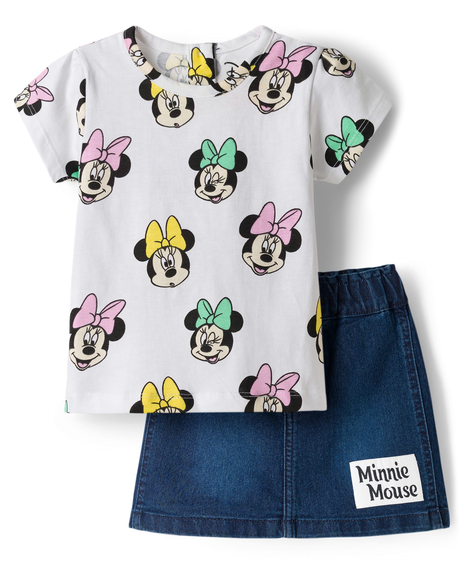 Babyhug Disney Single Jersey Knit Half Sleeves T-Shirt & Denim Skirt Set With Minnie Mouse Graphics - Multicolor-picture-14