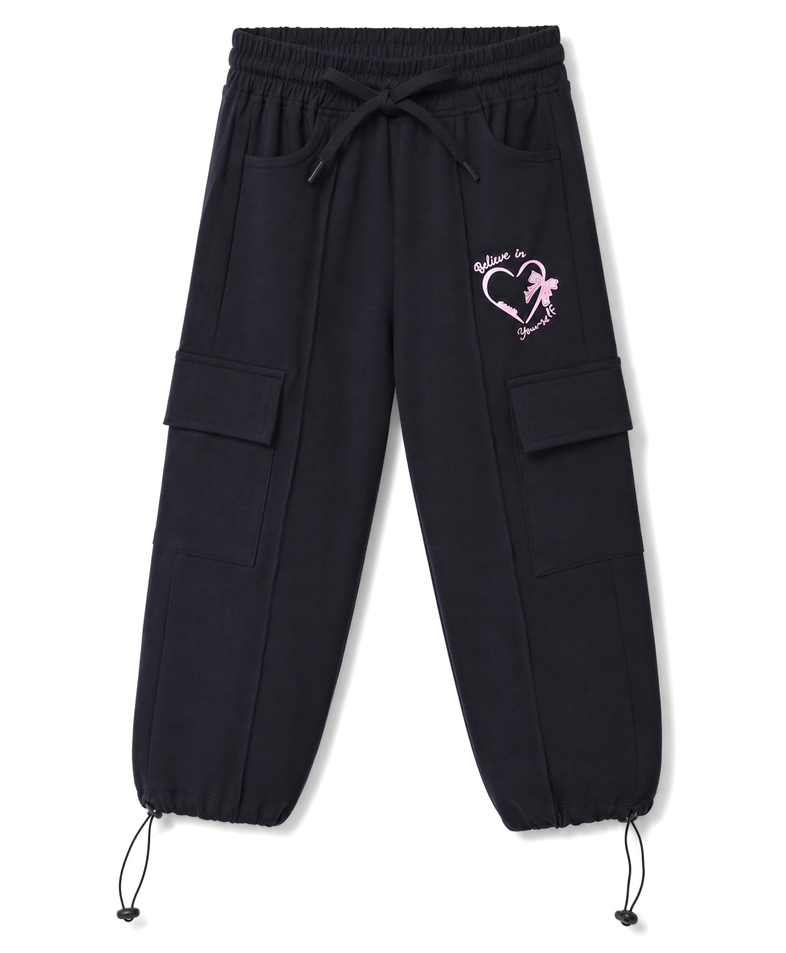 Olio Kids Knitted Full Length Hearts Printed Lounge Pant With Cargo Pockets - Black-image-0