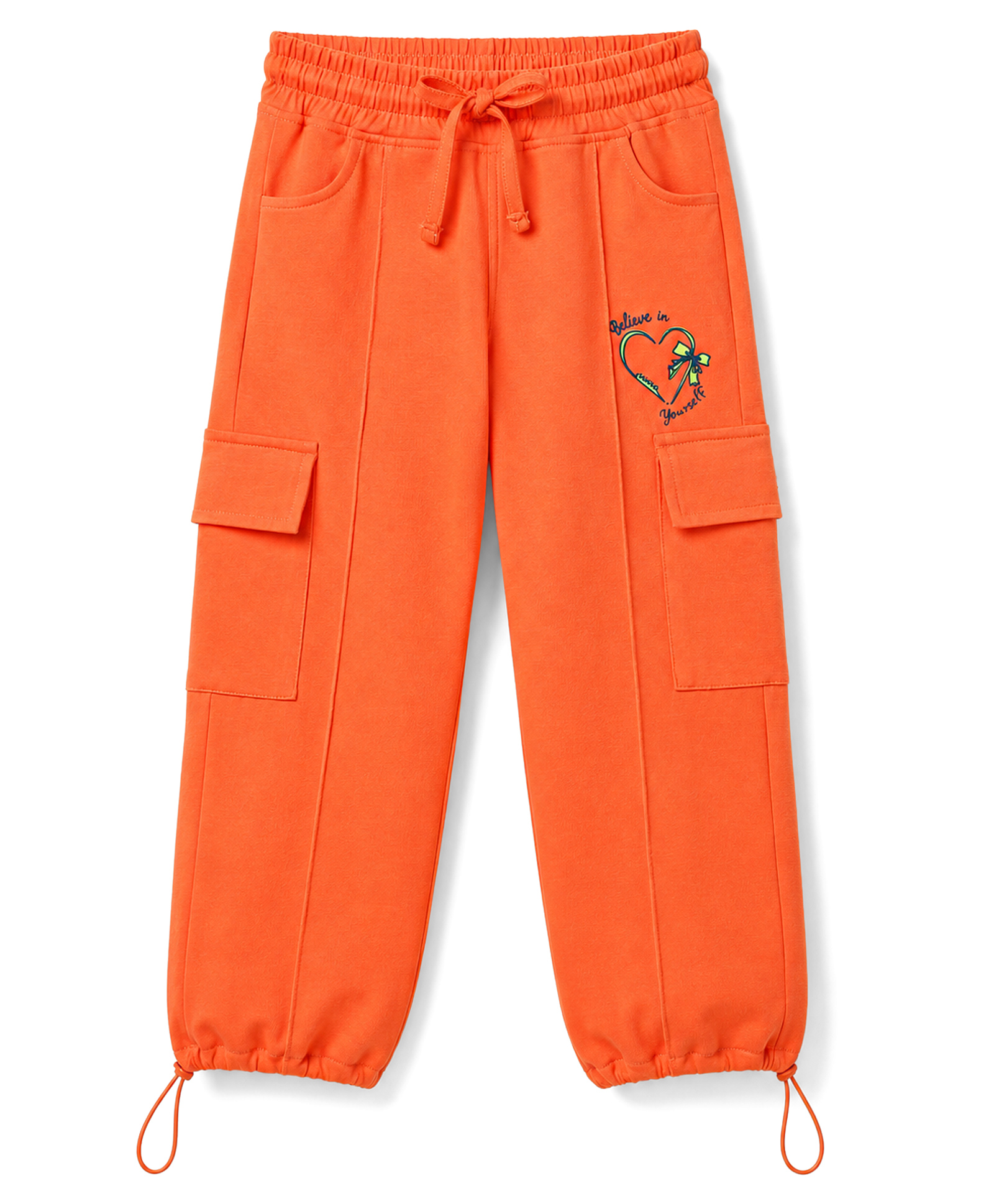 Olio Kids Knitted Full Length Hearts Printed Lounge Pant With Cargo Pockets - Orange-picture-7