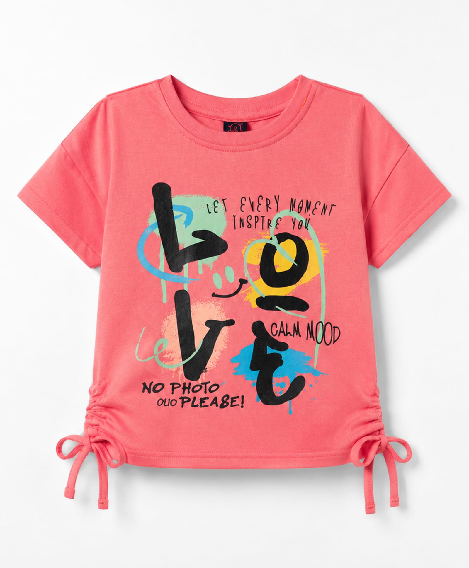 Olio Kids Cotton Knit Half Sleeves Drop Shouldetr Text Printed T-shirt with Knot Design - Coral-picture-16