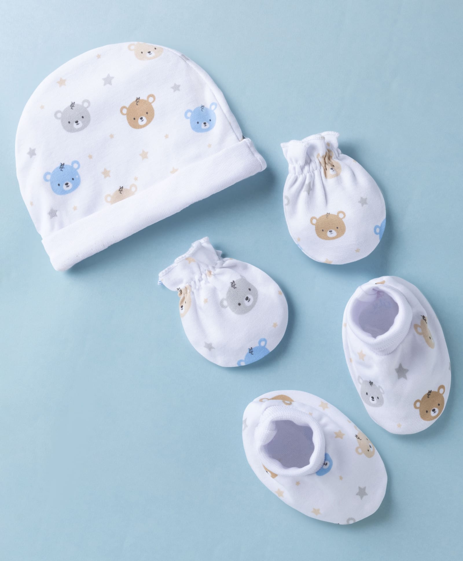 Babyhug 100% Cotton Interlock Knit Cap Mittens & Booties Set With Teddy Bear Print White -Diameter 10.5 cm-image-34