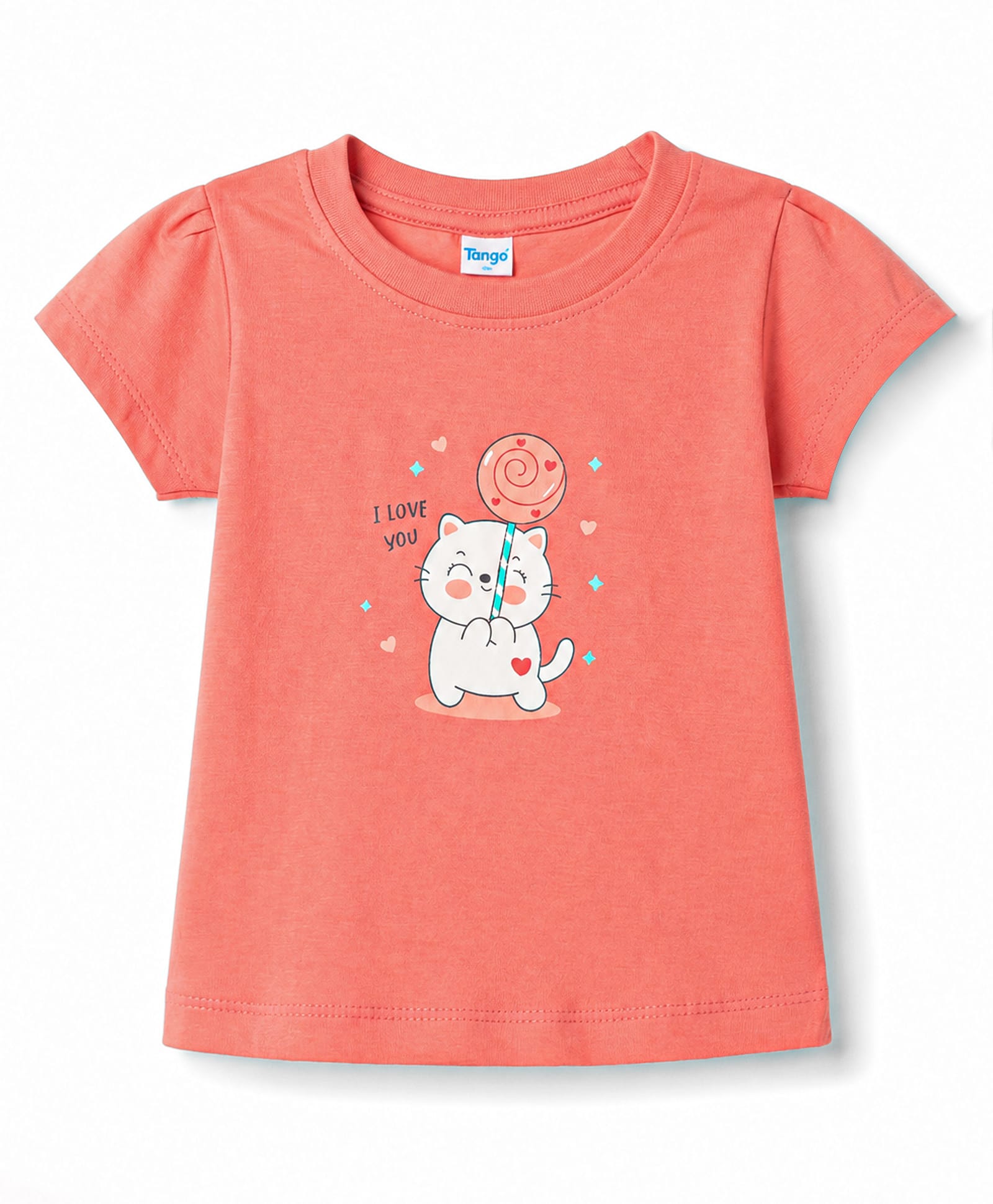 Tango Single Jersey Knit Half Sleeves Top With Cat Print - Coral-picture-12
