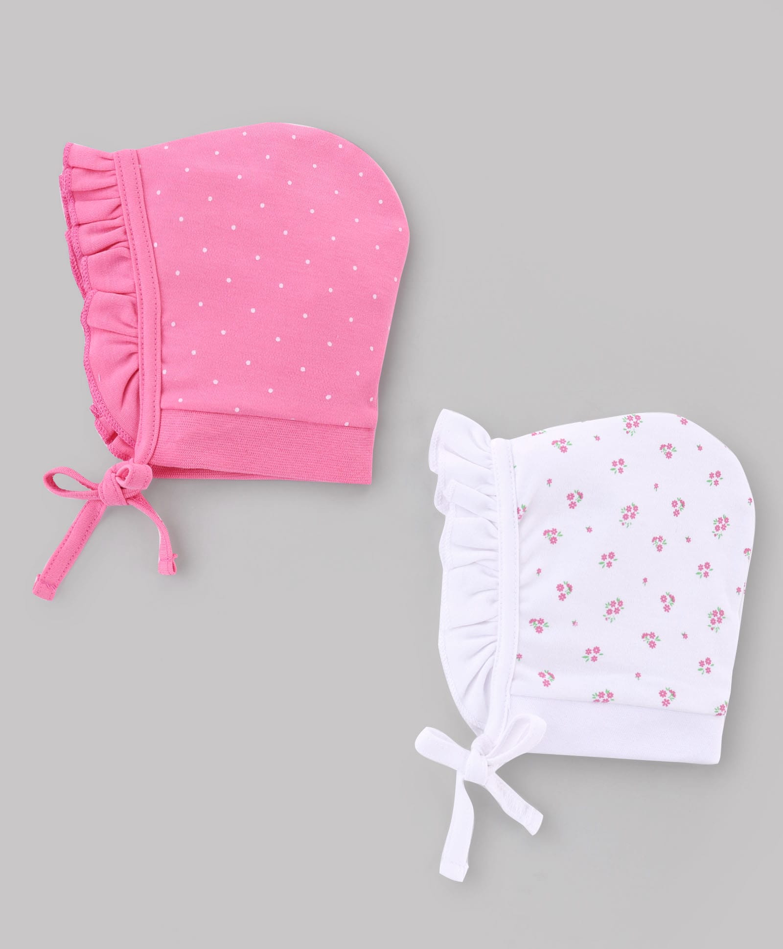 Babyhug 100% Cotton Interlock Knit Caps With Floral & Polka Dot Print Pack of 2 White & Pink - Diameter 11.5 cm-image-40