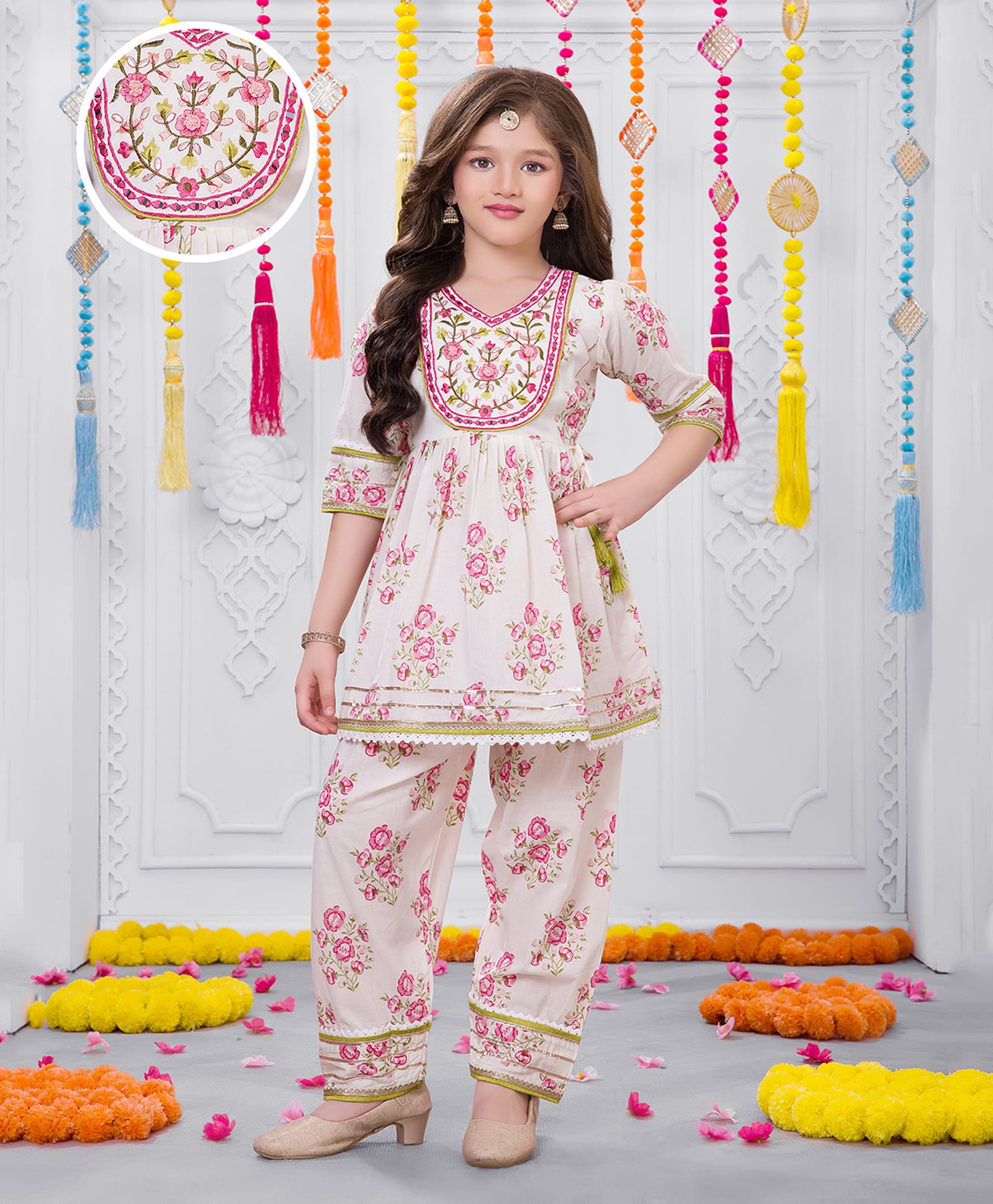 Joy Cotton Cotton Woven Three Fourth Sleeves Floral Embroidered & Printed Kurti & Salwar Set - White-image-1