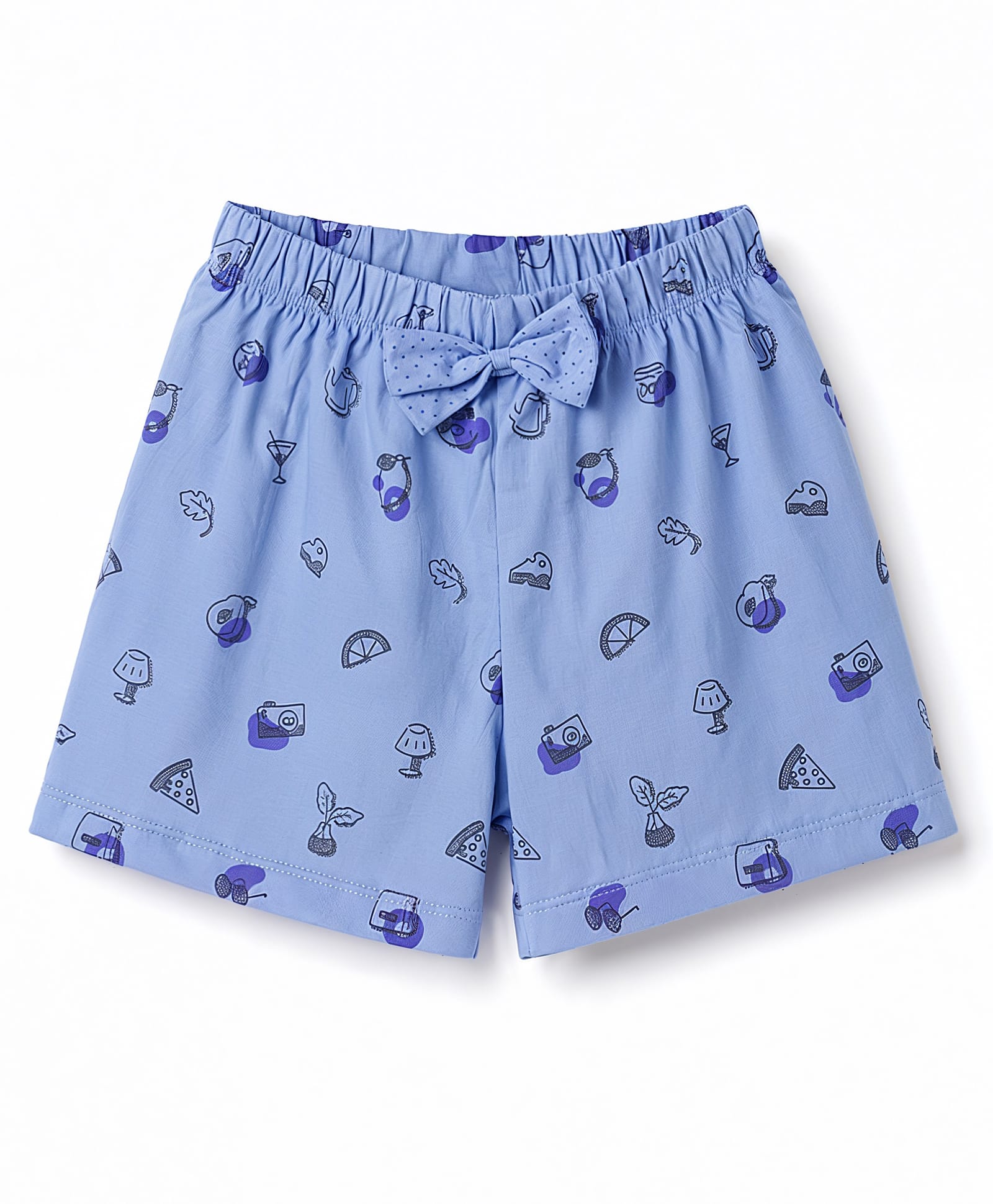 Tango Single Jersey Knit Knee Length Pizza Printed Shorts With Bow Applique - Blue-picture-49
