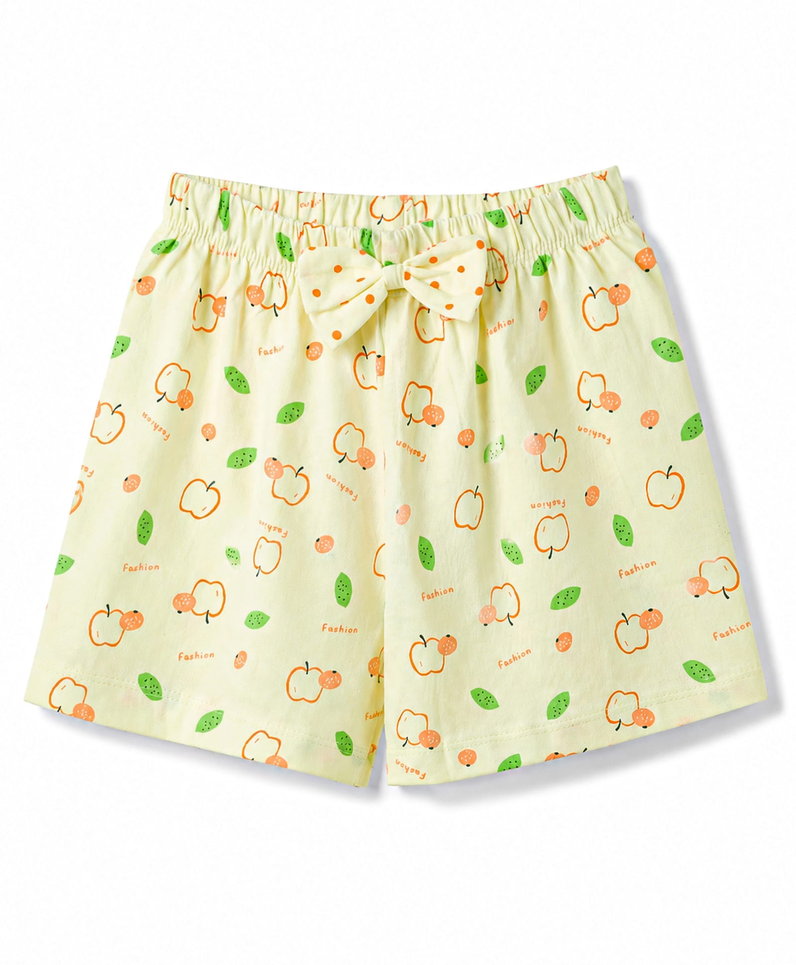 Tango Single Jersey Knit Knee Length Fruits Printed Shorts with Bow Applique- Light Yellow-image-41