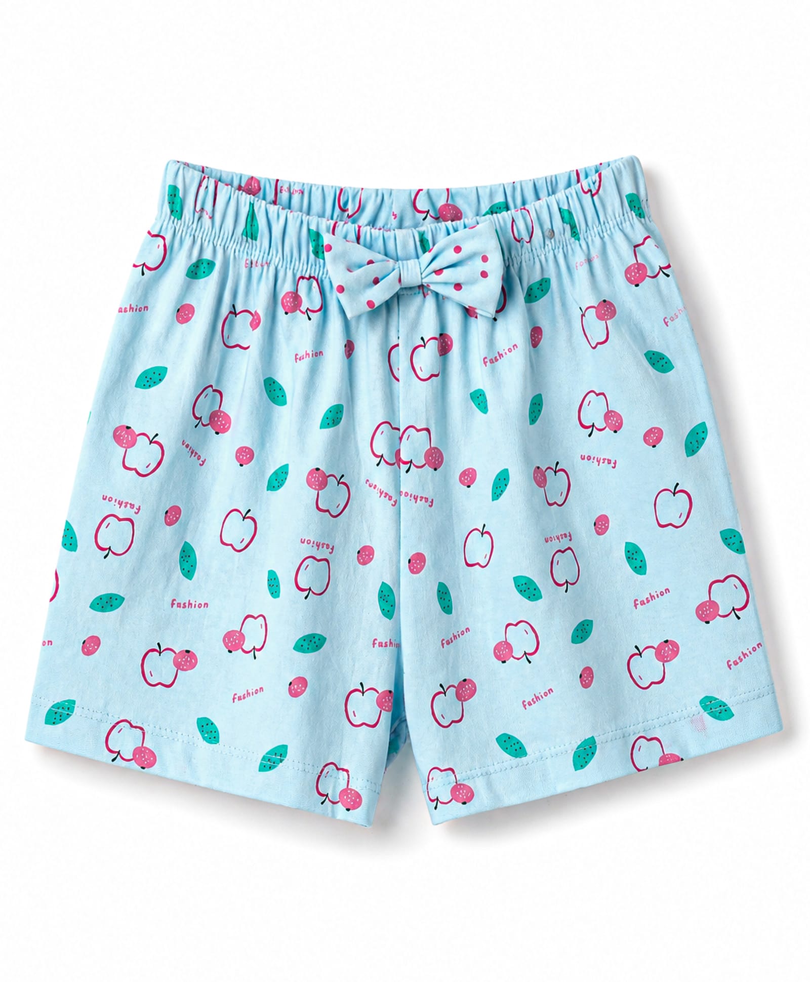 Tango Single Jersey Knit Knee Length Fruits Printed Shorts with Bow Applique- Light Blue-picture-1
