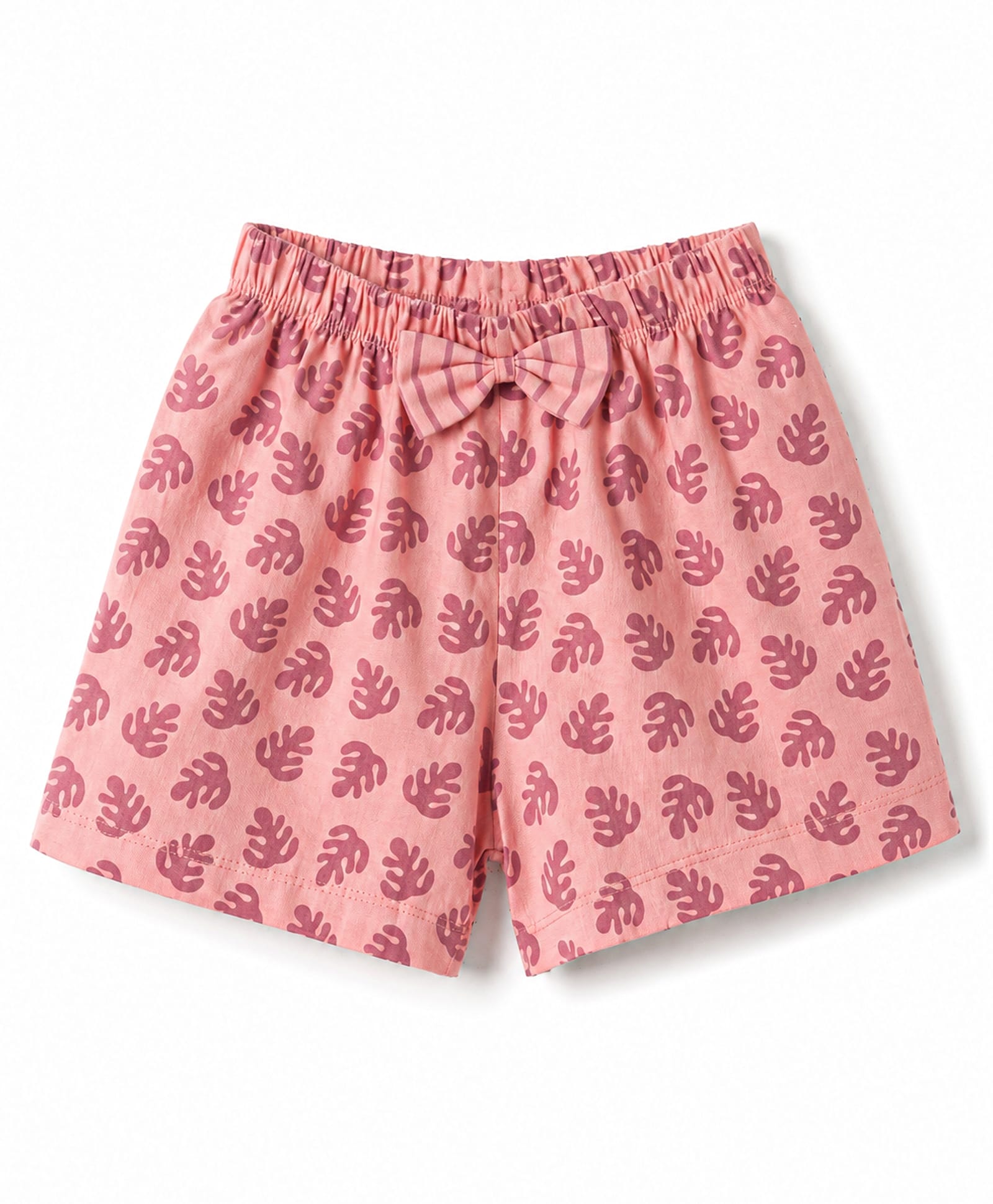 Tango Single Jersey Knit Knee Length Leaf Printed Shorts with Bow Applique- Coral-image-30