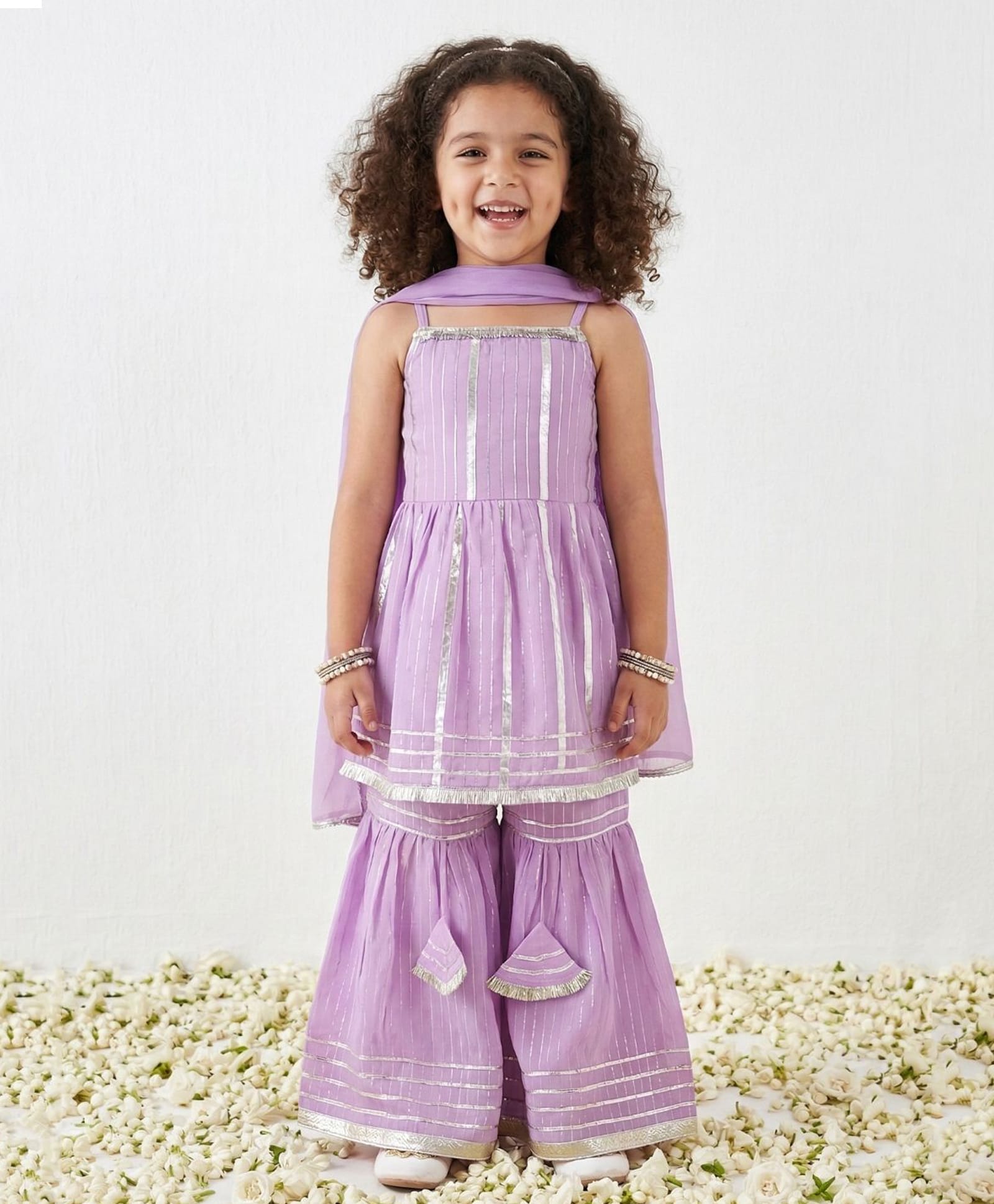 AJ Dezines Cotton Woven Sleeveless Lace Embellished Kurti & Sharara With Dupatta Set - Purple-picture-38