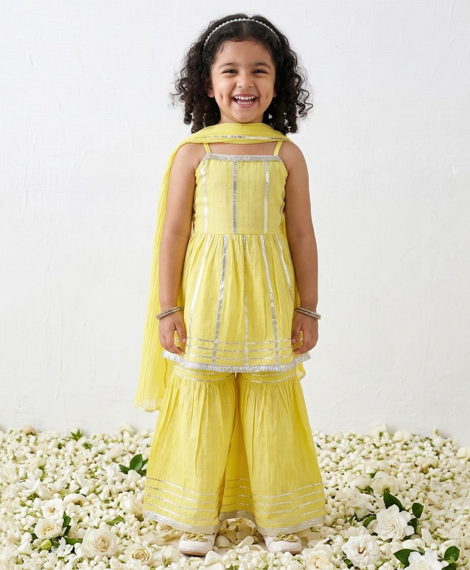 AJ Dezines Cotton Woven Sleeveless Lace Embellished Kurti & Sharara With Dupatta Set - Yellow-picture-23