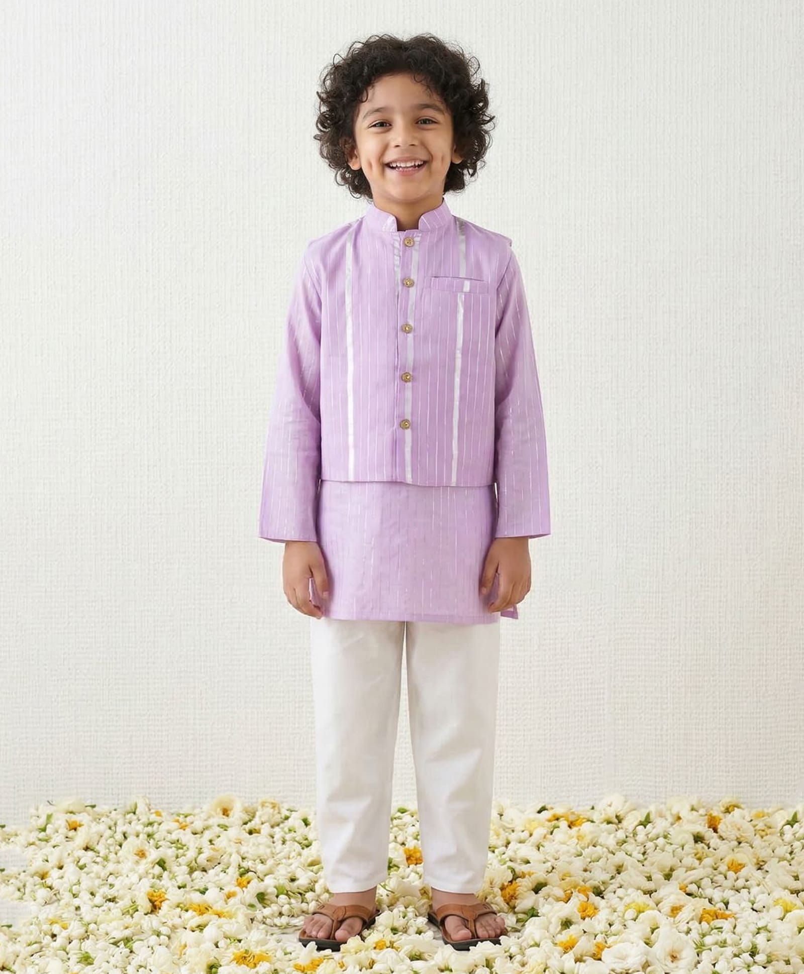 AJ Dezines Cotton Woven Full Sleeves Lace Embellished Kurta & Pyjama With Jacket Set - Purple-picture-45