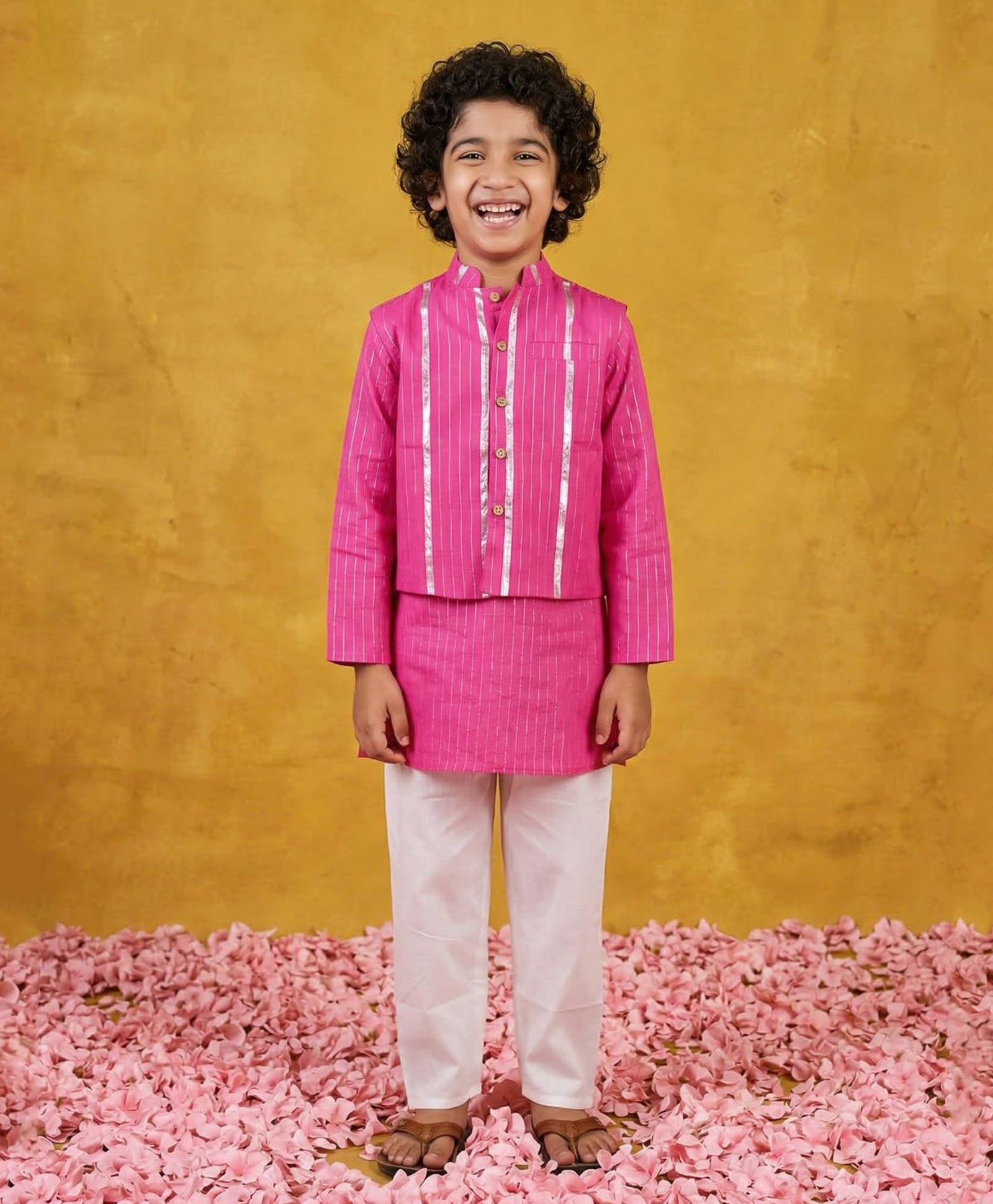 AJ Dezines Cotton Woven Full Sleeves Lace Embellished Kurta & Pyjama With Jacket Set - Dark Pink-picture-11