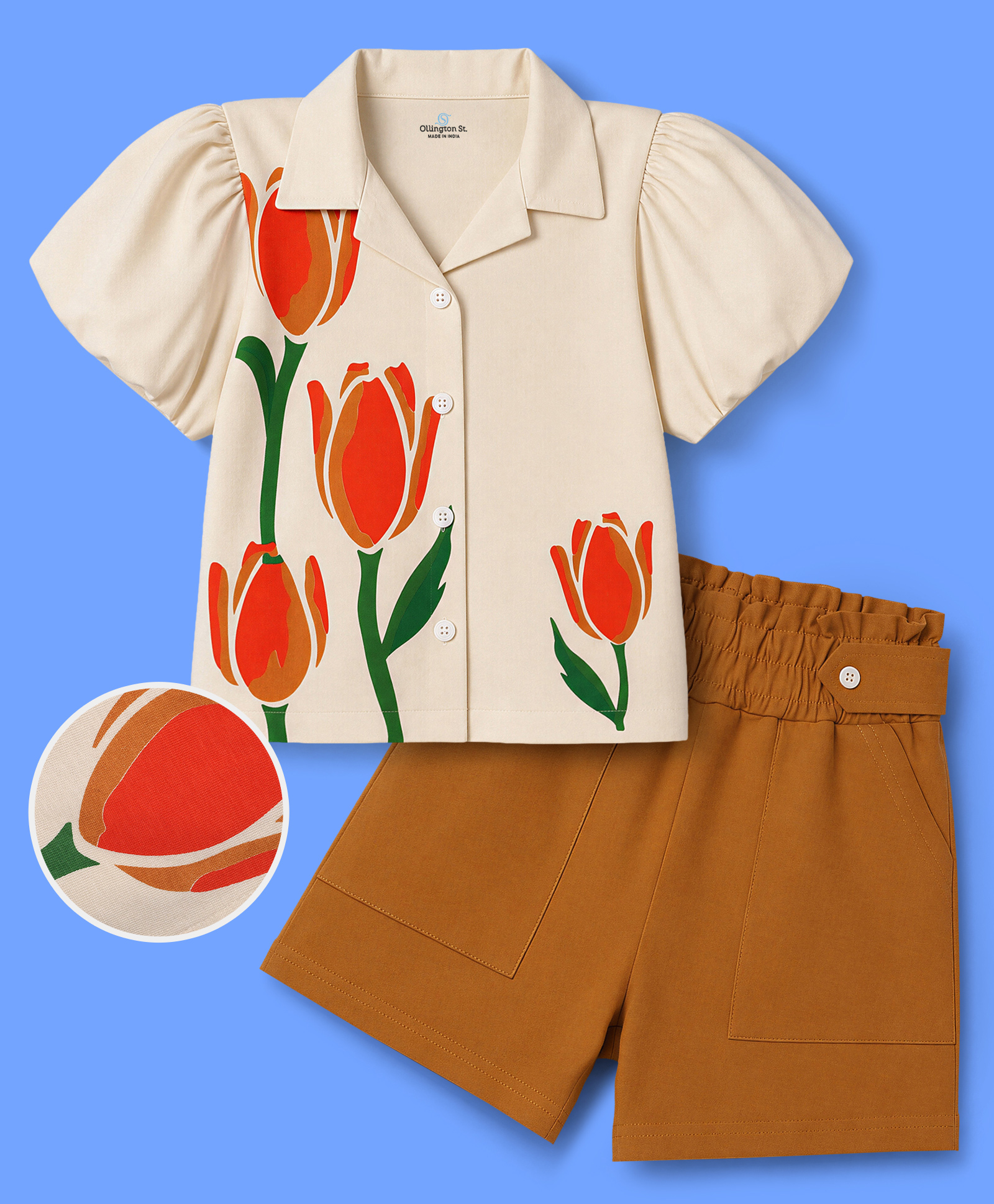 Ollington St. Cotton Knit Half Sleeves Shirt Style Top & Shorts Set with Floral Print - Off White & Rust-picture-24