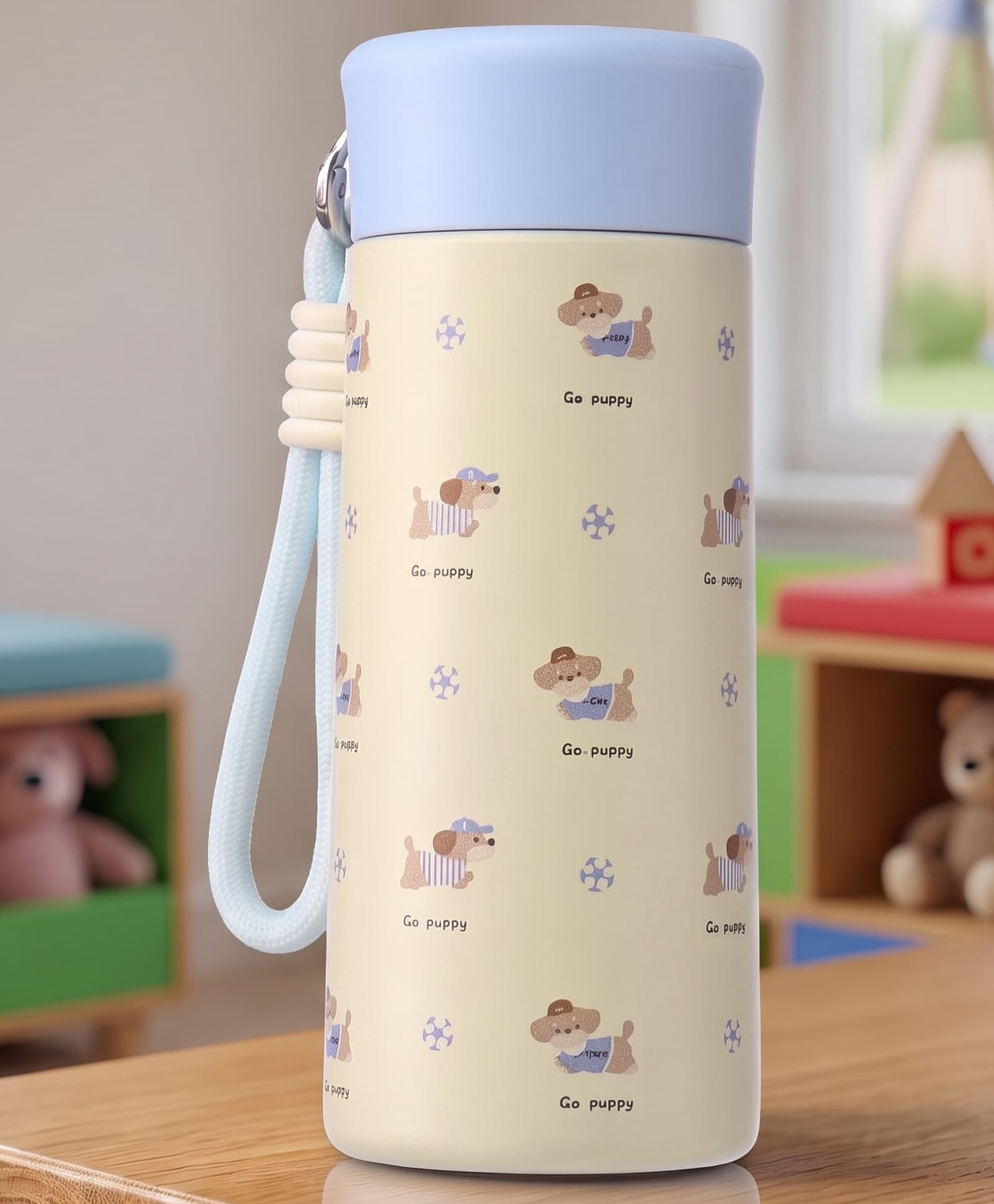 fab n funky Puppy Print Double Wall Insulated Stainless Steel Water Bottle 320ml - Blue| Built-in Filter Lid| Carry Strap| BPA Free| Leak Resistant| for Hot & Cold Beverages| Travel Friendly-picture-16