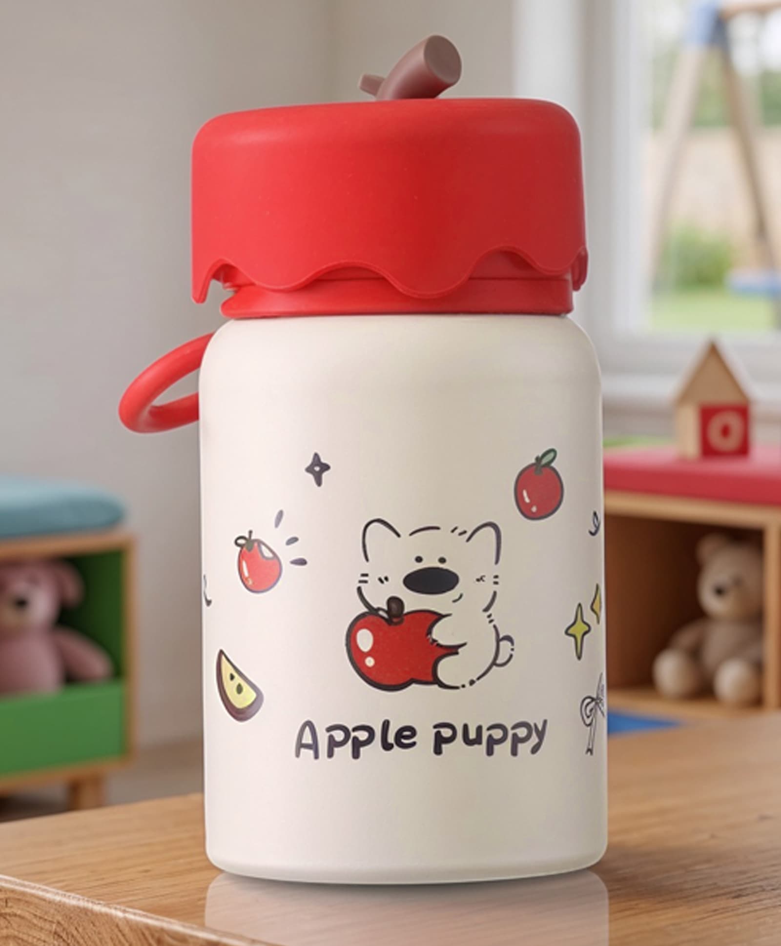 fab n funky Apple Print Double Wall Insulated Stainless Steel Water Bottle 340ml - Red| Silicone Carry Loop| BPA Free| Leak Resistant Lid| Hot & Cold| Travel Friendly-picture-22