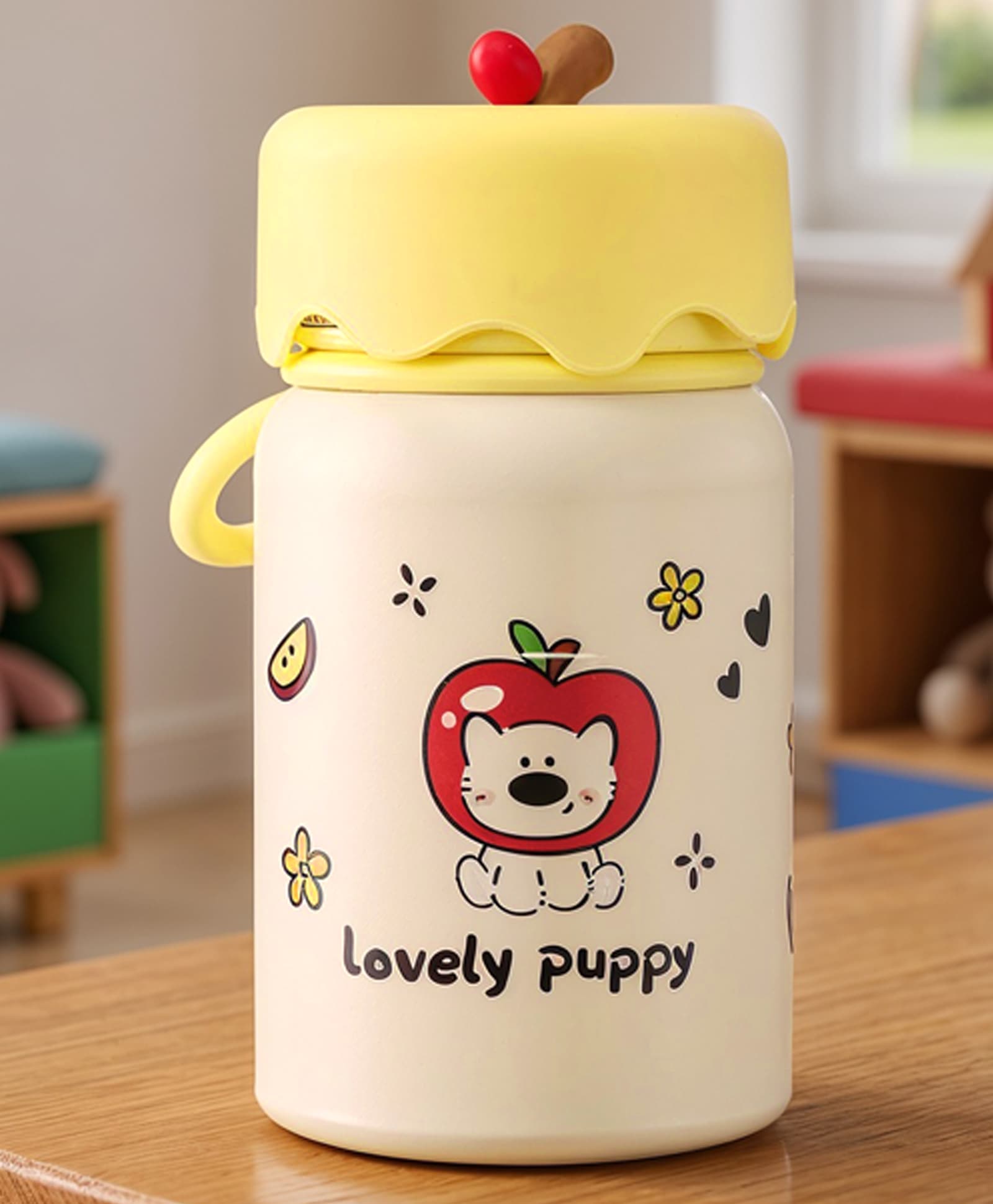 fab n funky Apple Print Double Wall Insulated Stainless Steel Water Bottle 340 ml - Yellow| Silicone Carry Loop| BPA Free| Leak Resistant Lid| Hot & Cold| Travel Friendly-picture-23