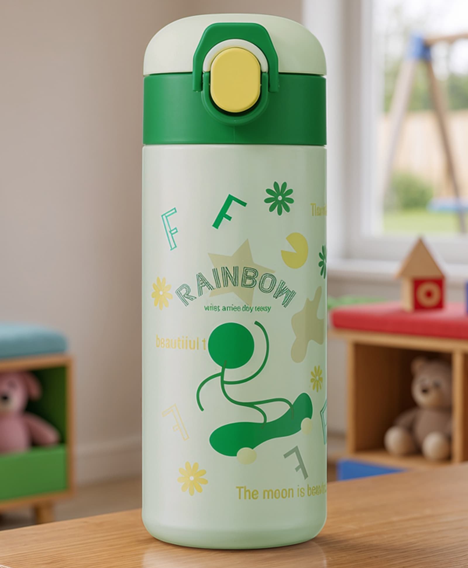 Rainbow Print Double Wall Insulated Stainless Steel Sipper Bottle with Push Button Flip-Top 480ml - Green| Leak Resistant Lid| BPA Free| Hot & Cold Water Bottle| Travel Friendly-image-37