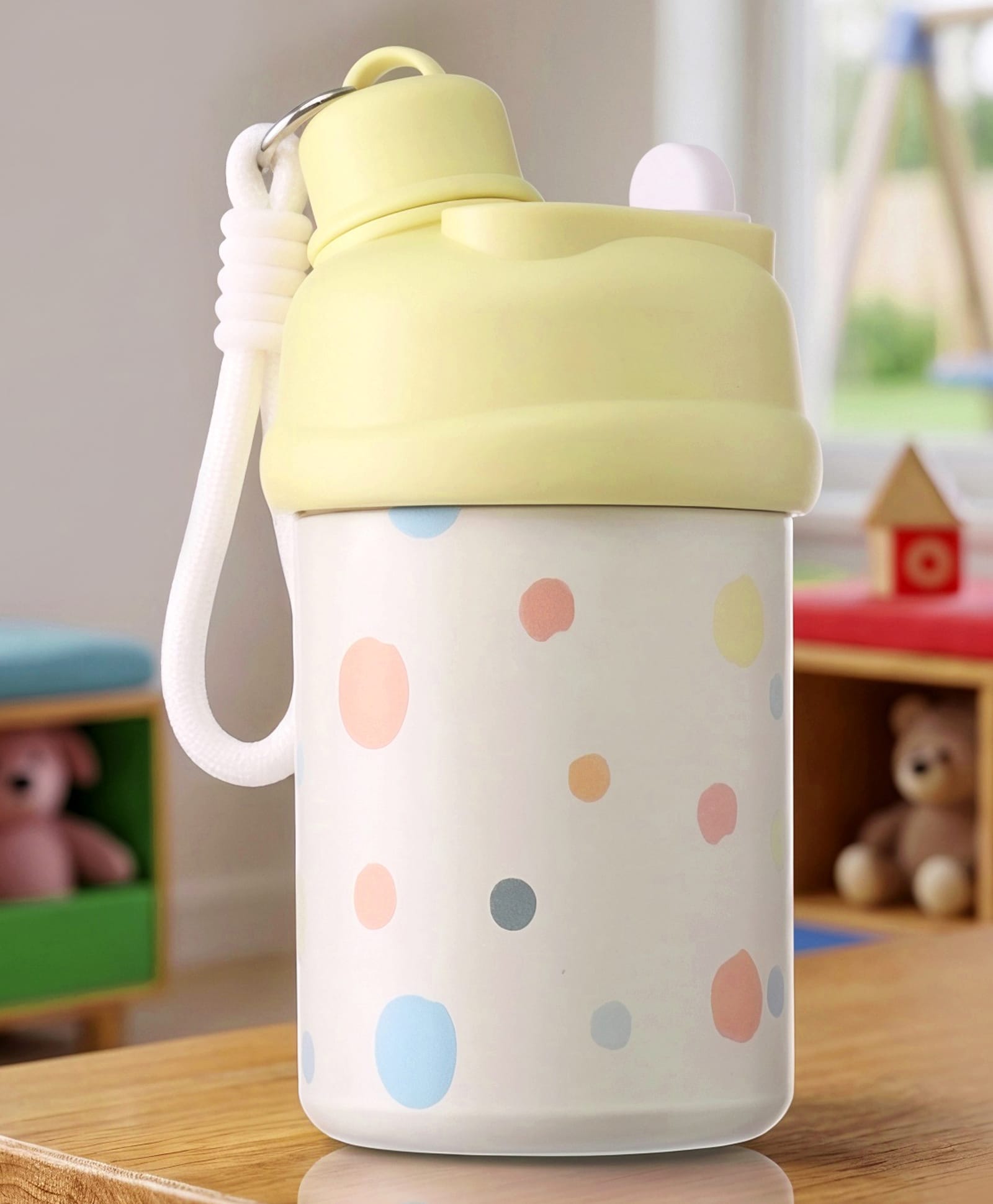 Polka Dots 2-in-1 Double Wall Insulated Stainless Steel Kids Sipper Bottle 420ml - Yellow| Silicone Spout & Direct Drink Lid| BPA Free| Leak Resistant| Carry Strap| Travel Friendly-image-35