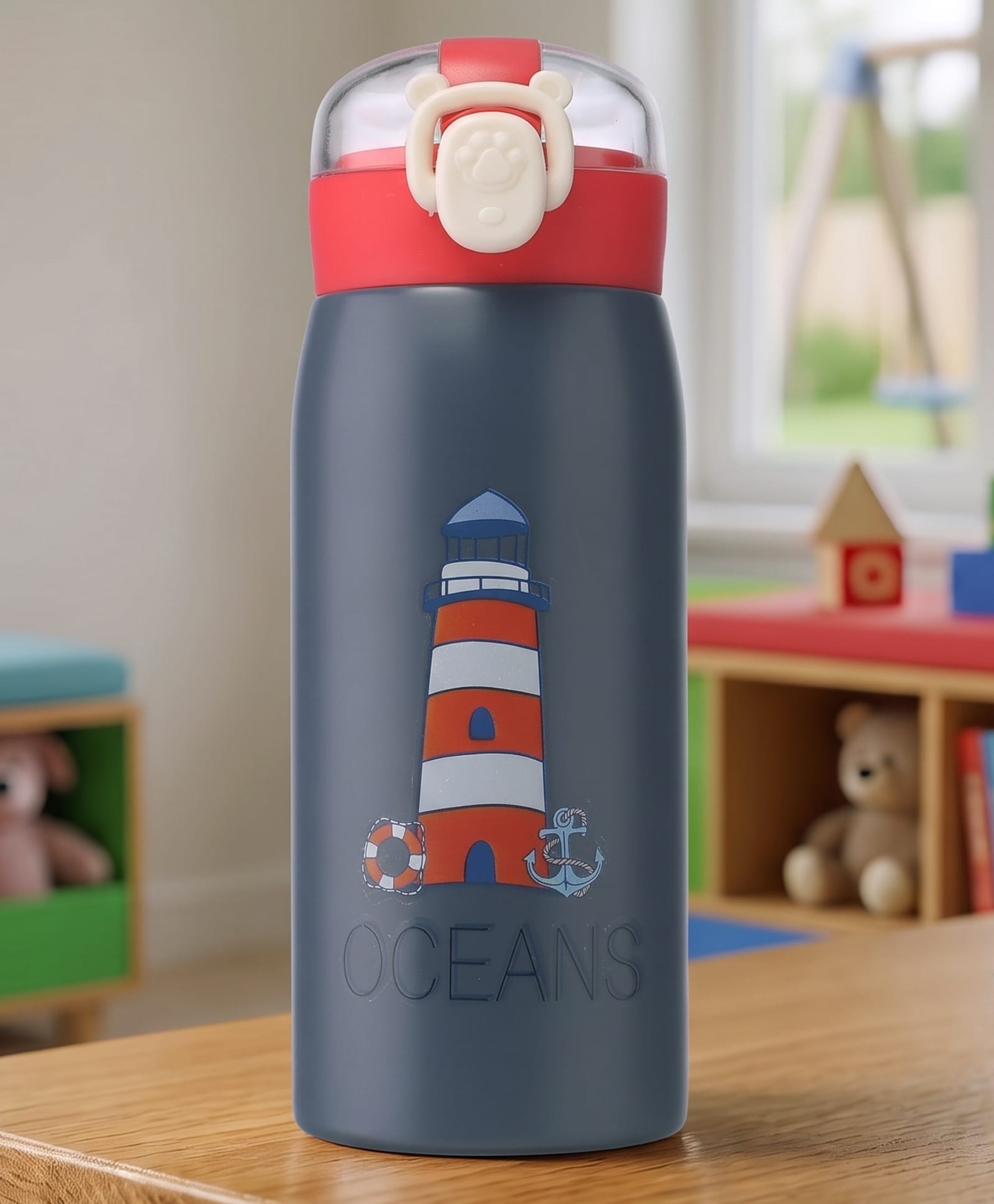 fab n funky Ocean Print Double Wall Insulated Stainless Steel Straw Sipper Bottle 350ml - Blue| Soft Silicone Spout| Leak Resistant Flip-Top Lid| BPA Free| Keeps Drinks Hot & Cold| Travel Friendly-picture-22