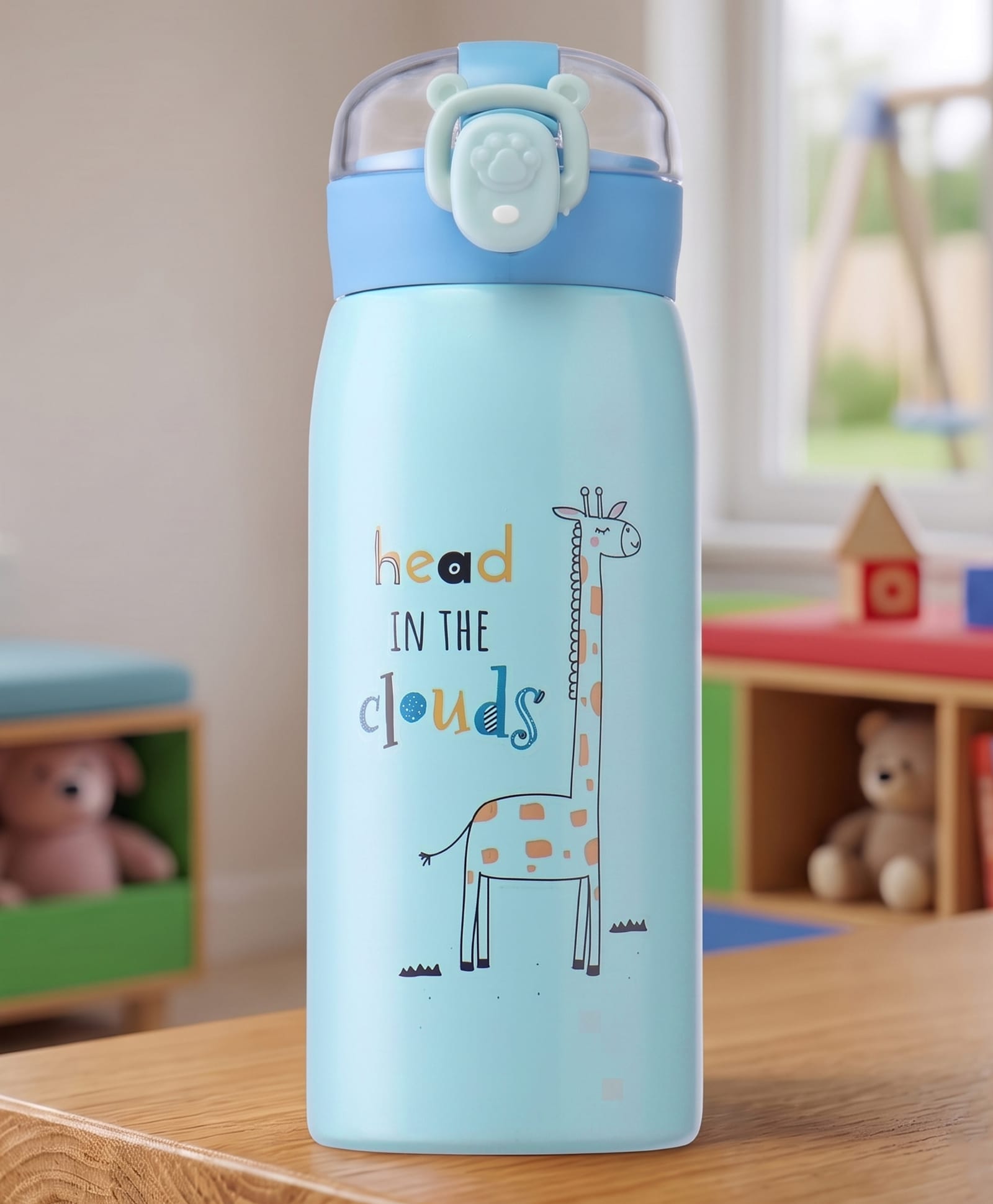 Giraffe Print Double Wall Insulated Stainless Steel Straw Sipper Bottle 350ml - Blue| Soft Silicone Spout| Leak Resistant Flip-Top Lid| BPA Free| Keeps Drinks Hot & Cold| Travel Friendly-image-21