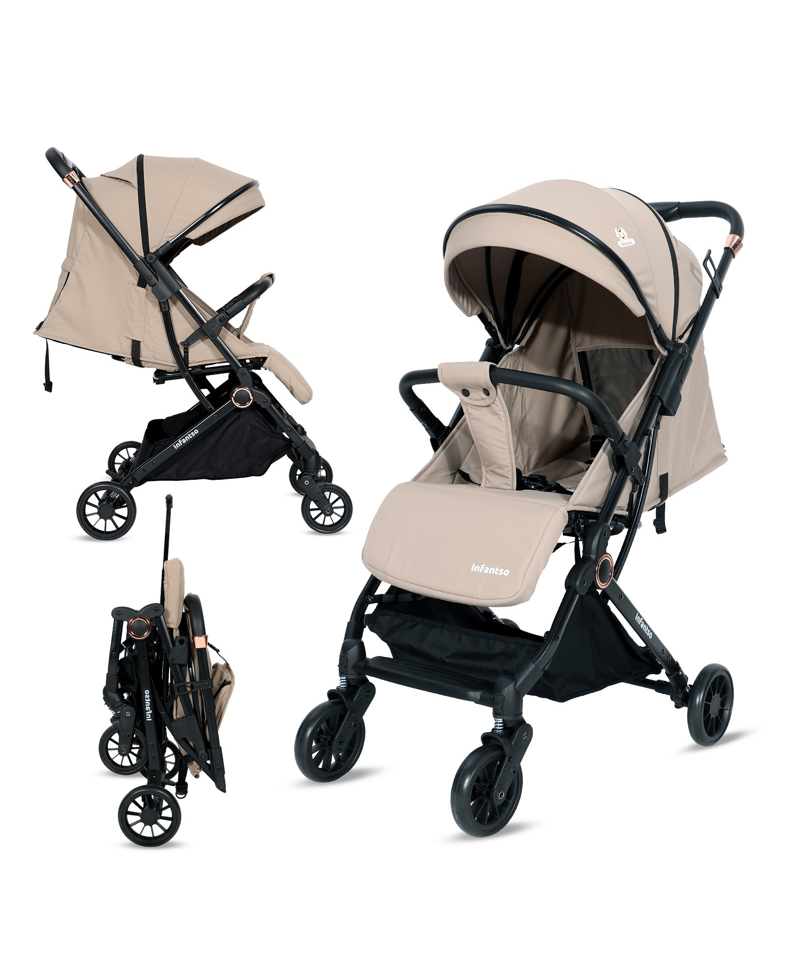 Infantso RIDE-X Baby Stroller / Pram for Baby with 5 Point Safety Harness, Multi Level seat Recline & Spacious Cushioned seat, One-Hand Fold and 360° Rotating Wheels for 0 to 3 Years- Beige-image-44