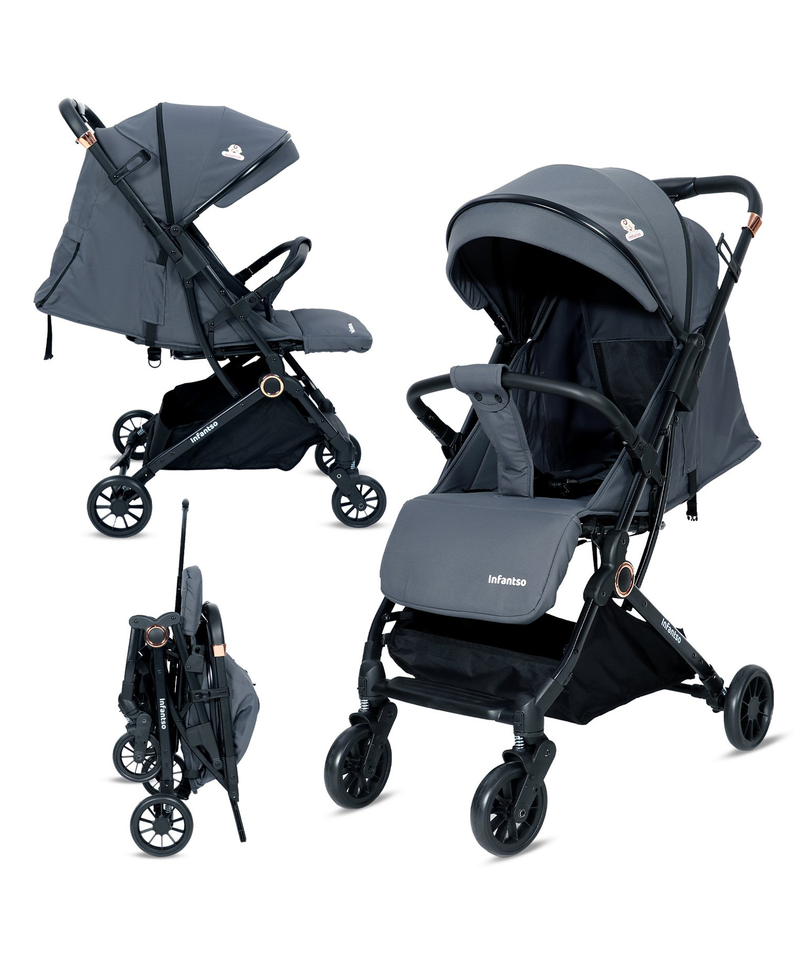 Infantso RIDE-X Baby Stroller / Pram for Baby with 5 Point Safety Harness, Multi Level seat Recline & Spacious Cushioned seat, One-Hand Fold and 360° Rotating Wheels (Grey)-image-6