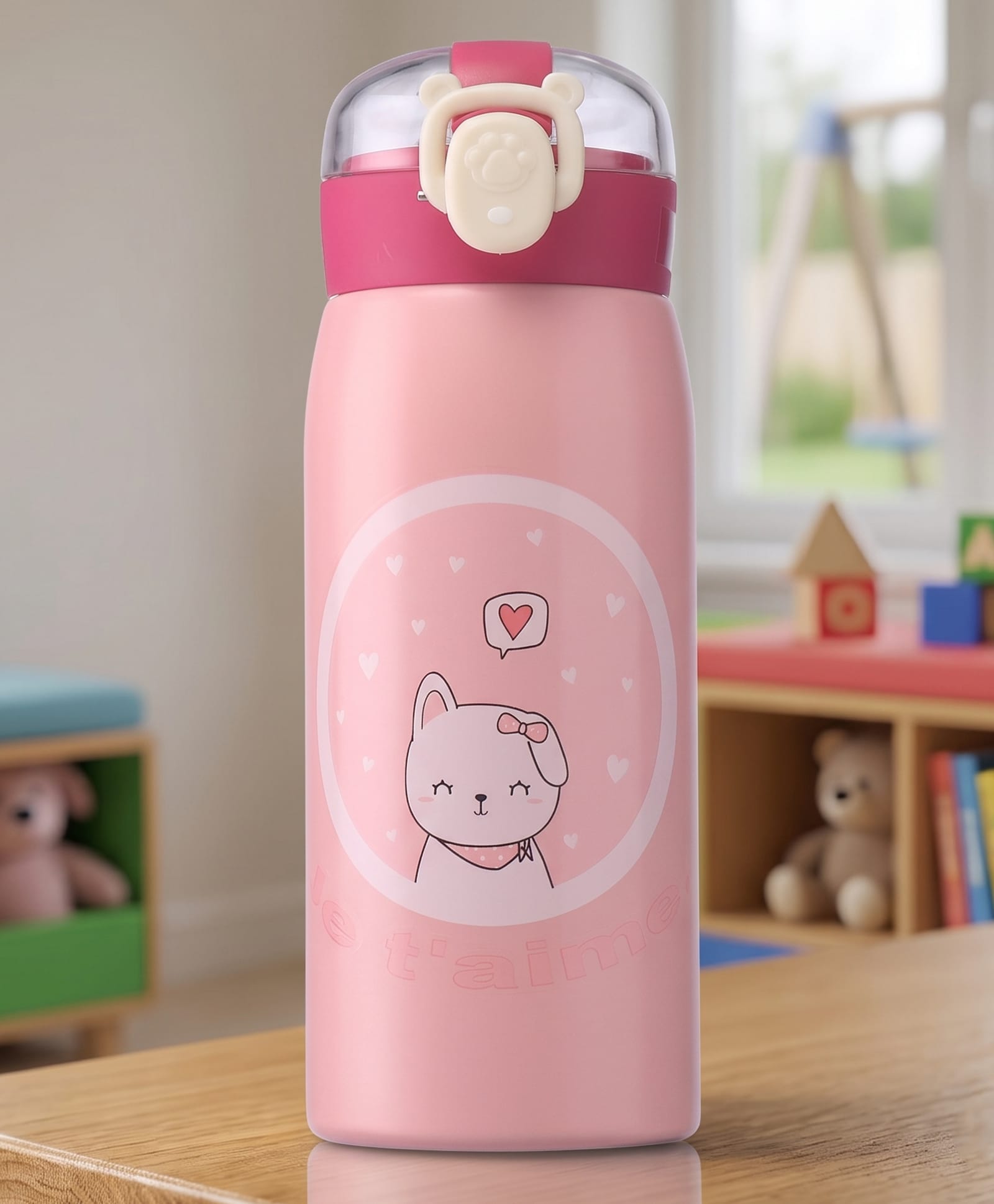 fab n funky Kitty Print Double Wall Insulated Stainless Steel Straw Sipper Bottle 350ml - Pink| Soft Silicone Spout| Leak Resistant Flip-Top Lid| BPA Free| Keeps Drinks Hot & Cold| Travel Friendly-picture-13