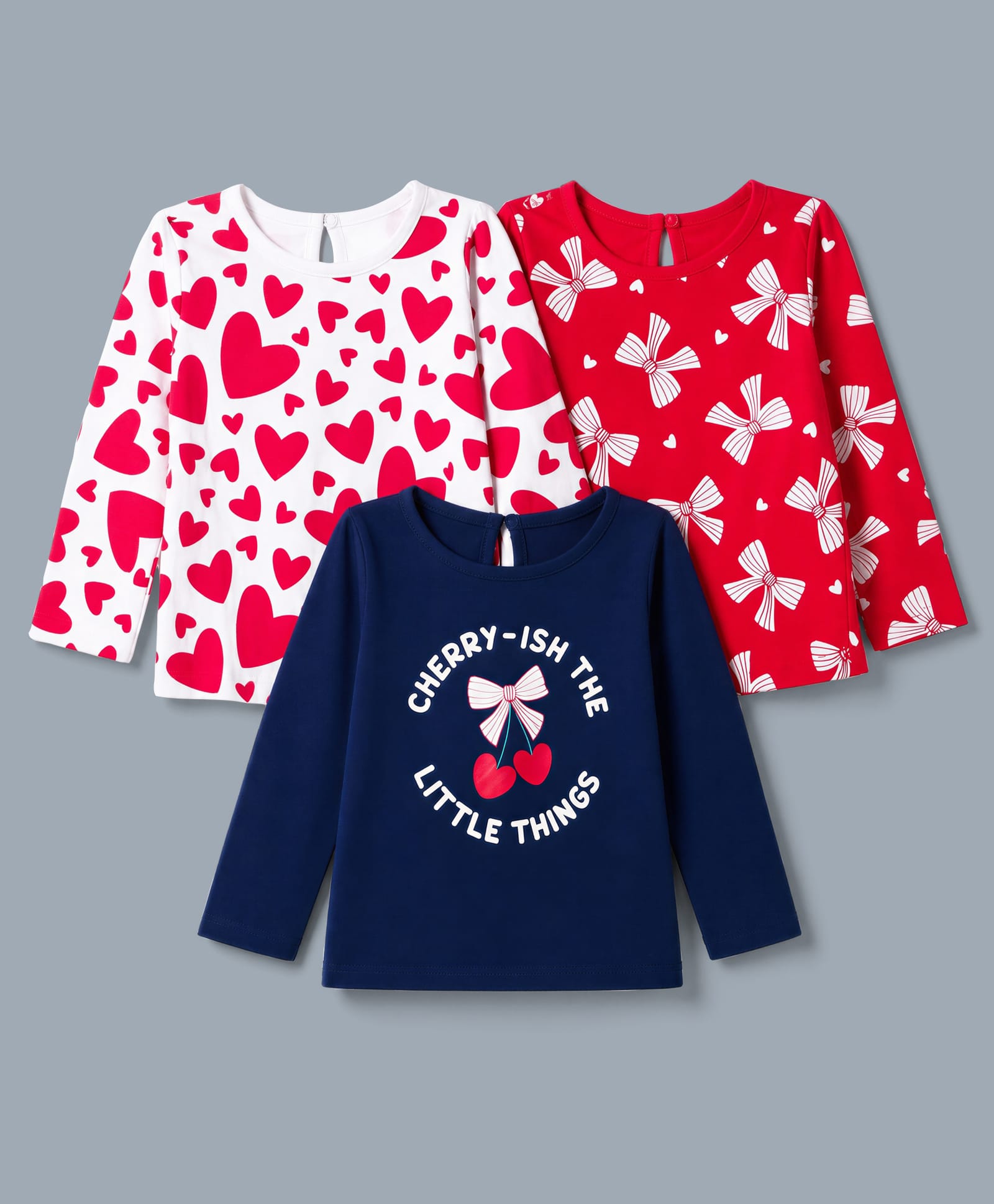 Babyhug Cotton Knit T-Shirts with Full Sleeves and Bows, Hearts & Cherry Print Pack of 3 in Red, White & Navy Blue-image-49