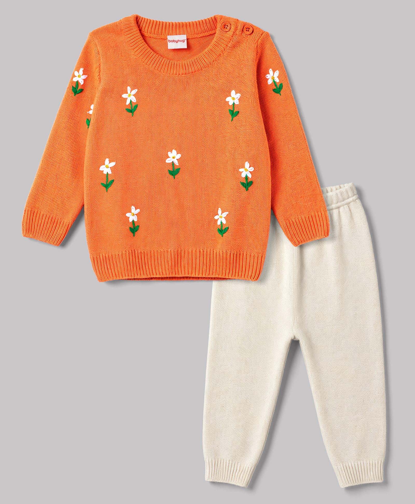 Babyhug Knit Full Sleeves Floral Embroidered Sweater Set - Orange