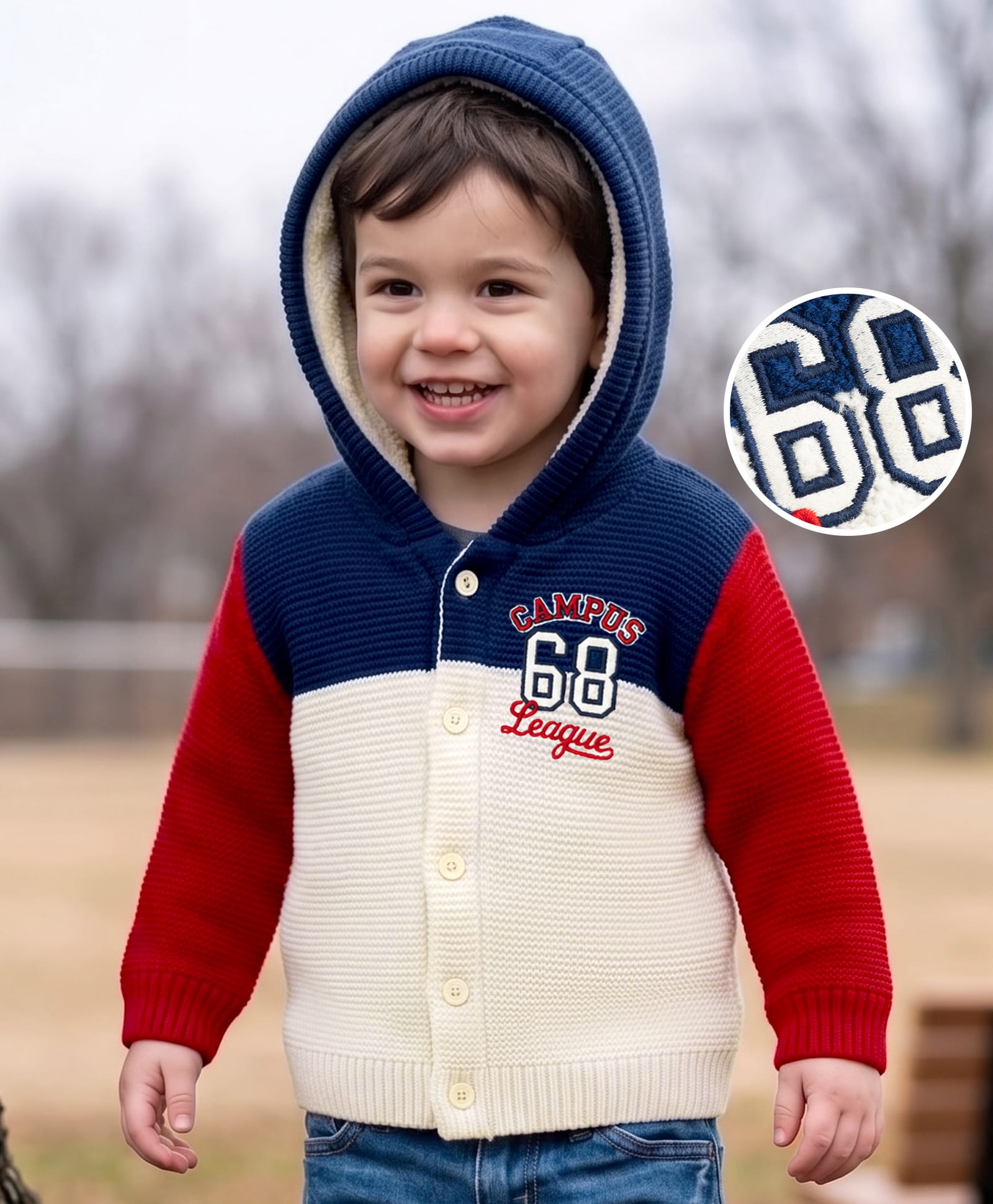 Babyhug Knit Full Sleeves Hooded Sweater with Colour Block & Text Design - Navy-picture-11