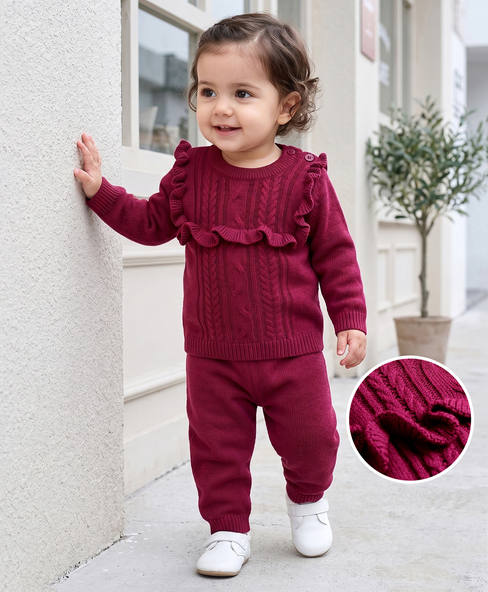 Babyhug Knit Full Sleeves Solid Colour Cable Knit Designed Sweater Set - Wine-picture-35