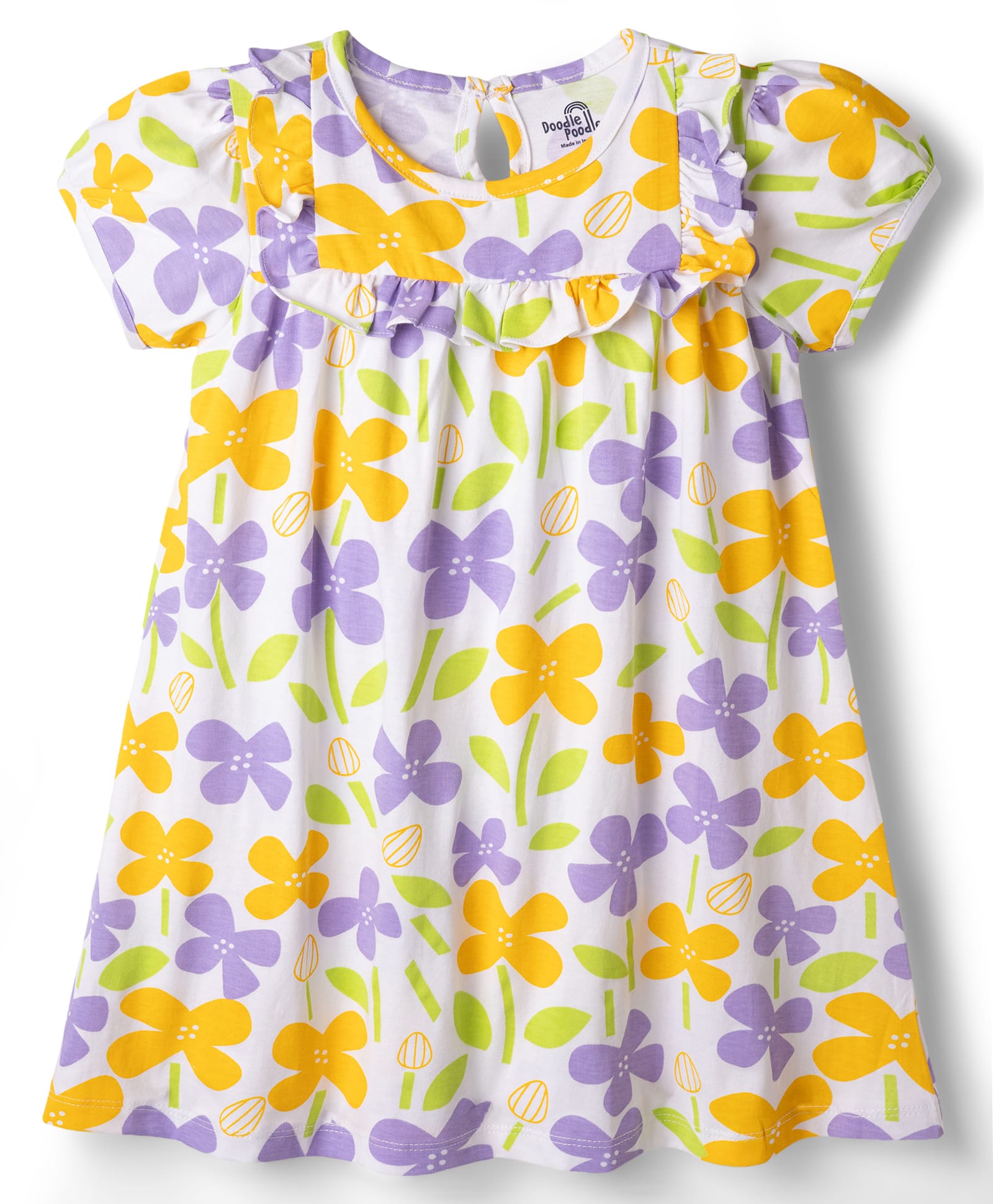 Doodle Poodle Single Jersey Knit Half Sleeves One Piece Frock With Floral Print - White-picture-18