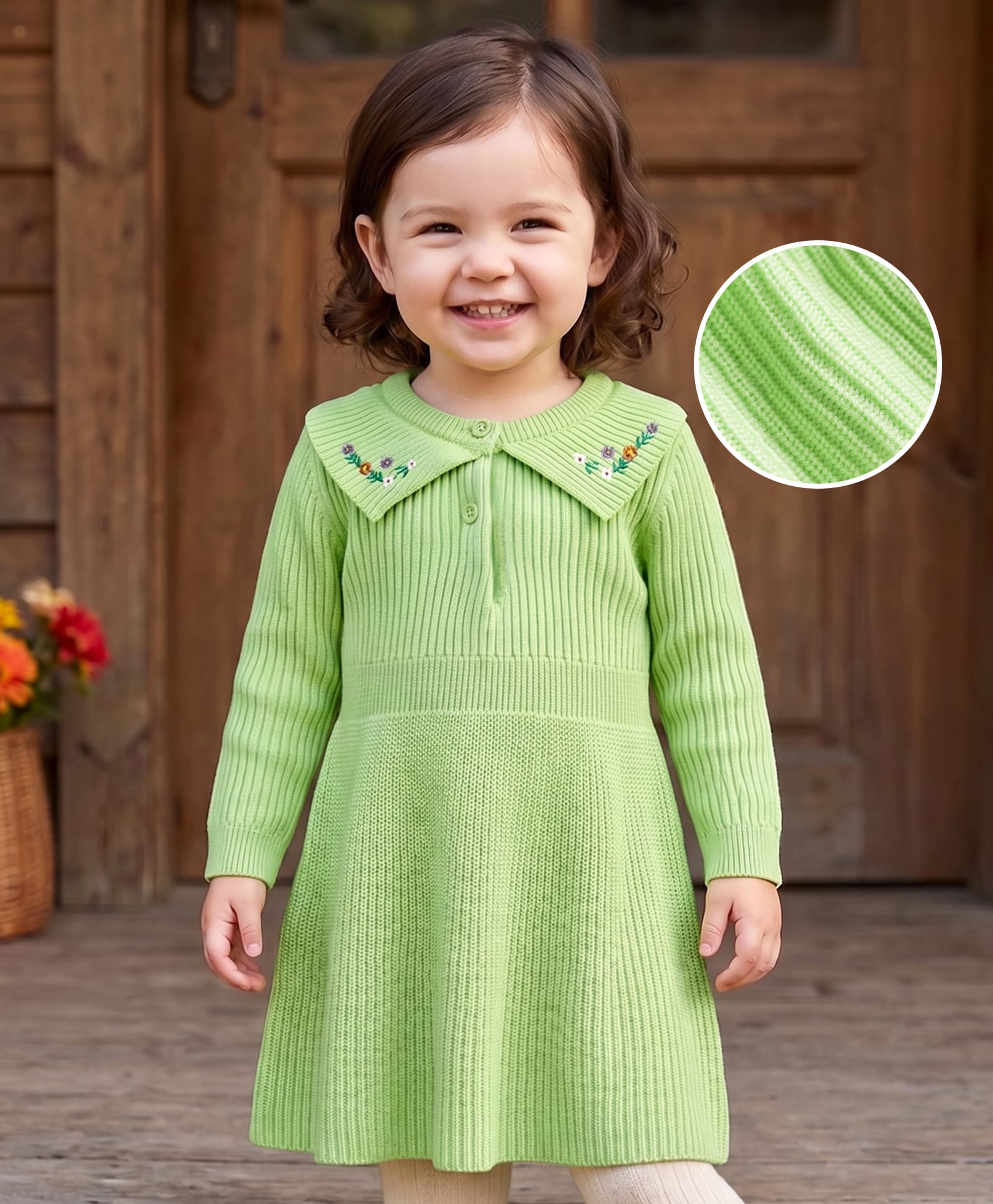 Babyhug Knit Full Sleeves Woollen Dress With Floral Embroidery - Lime Green-picture-12