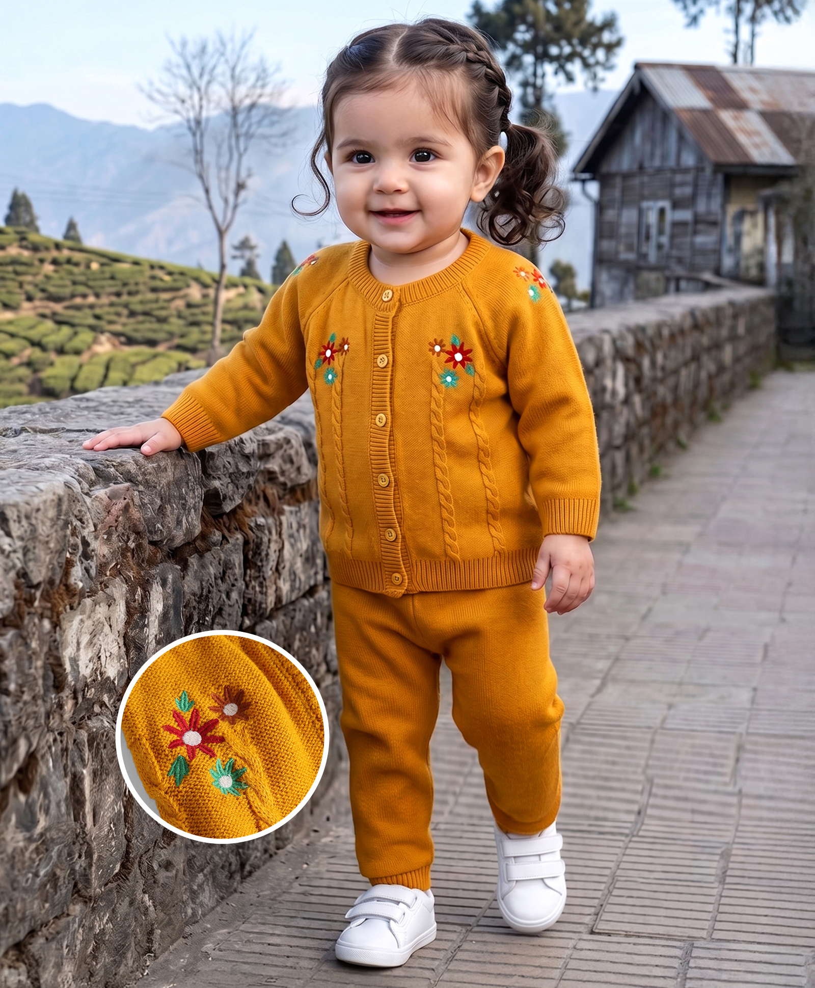Babyhug Knit Full Raglan Sleeves Cable Knit Designed Sweater Set with Floral Embroidered - Yellow-picture-28