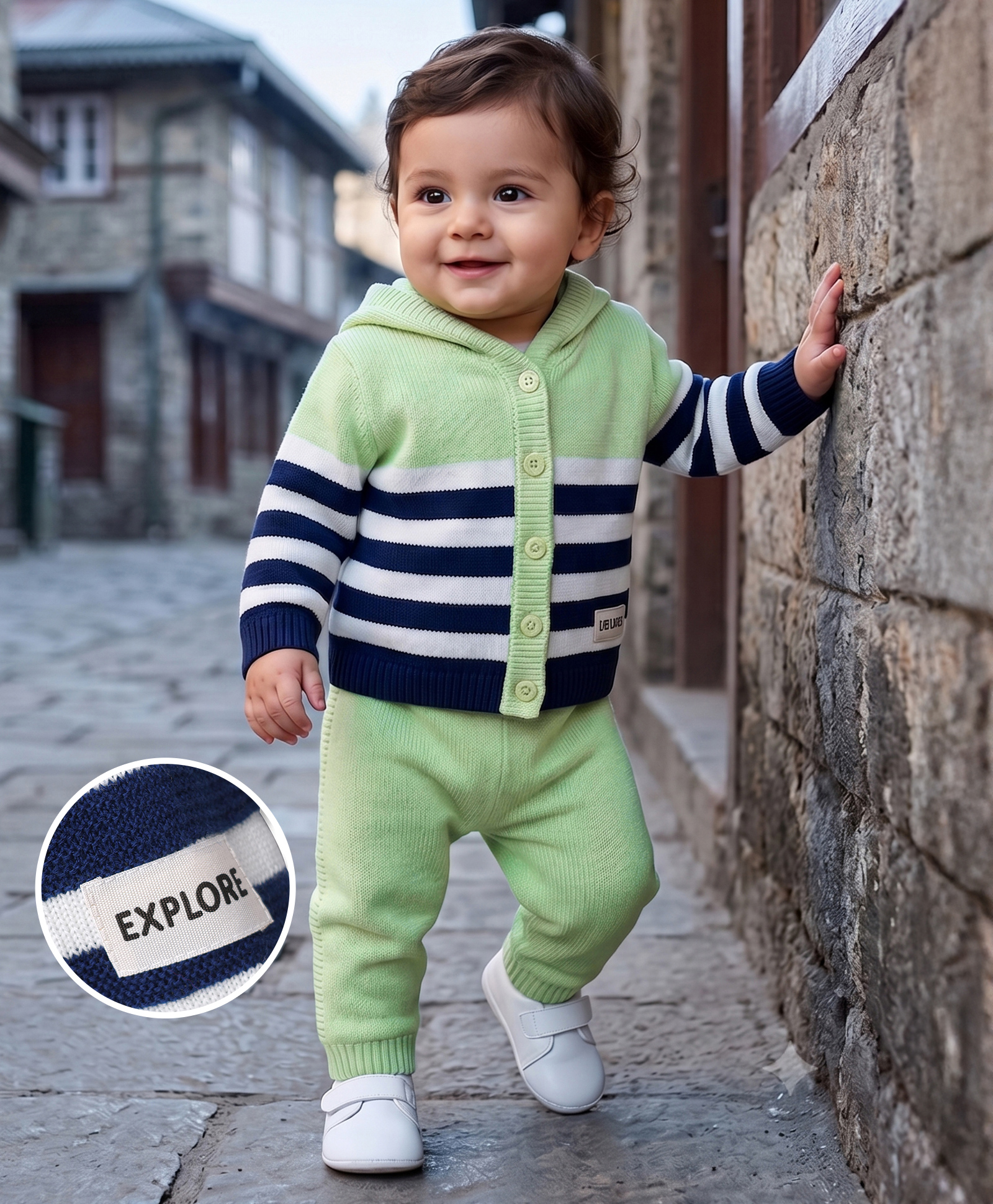 Babyhug Knitted Full Sleeves Striped Hooded Sweater Set - Green & Navy Blue-image-19