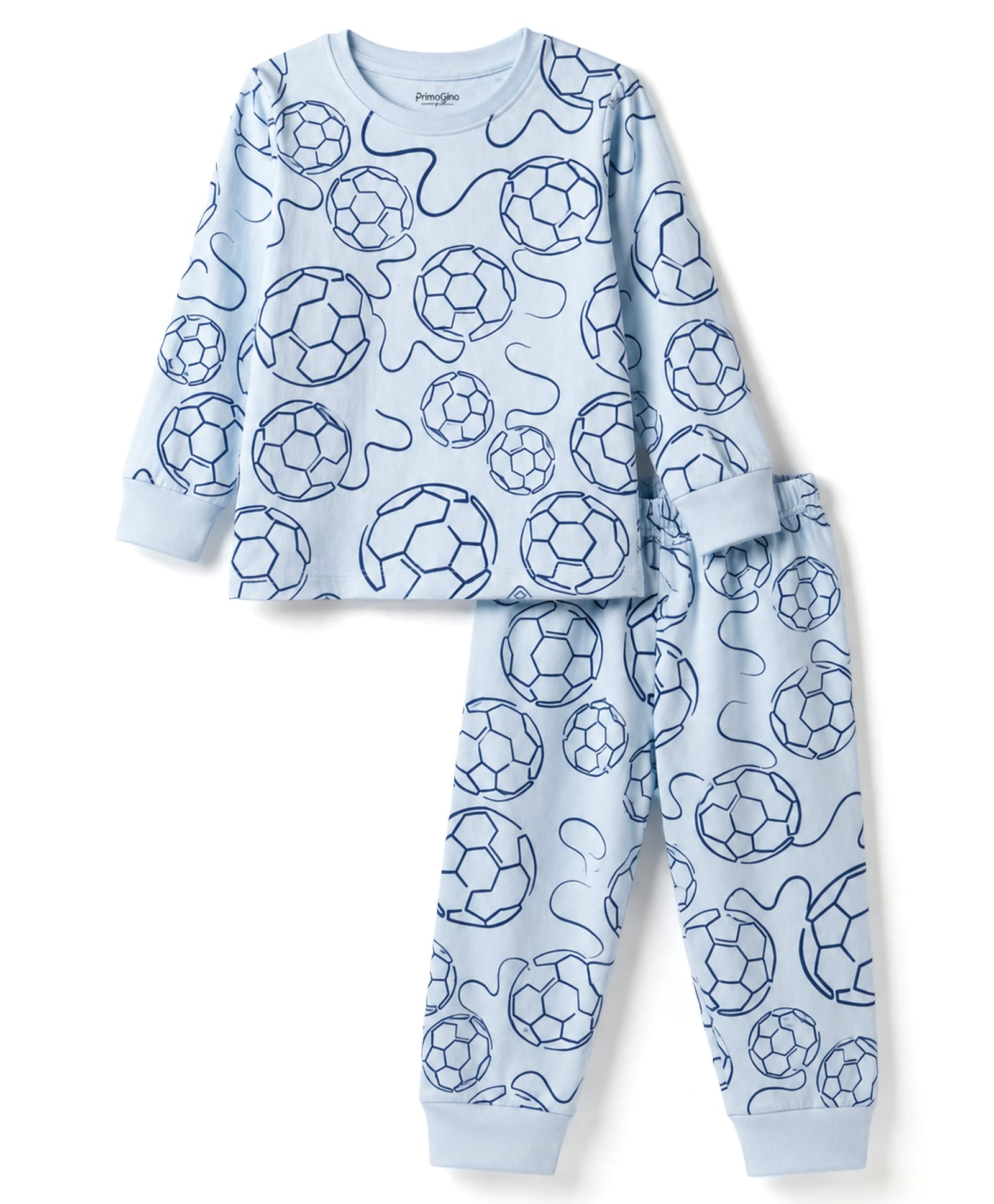Primo Gino 100% Cotton Knit Full Sleeves Football Printed Co-Ords T-Shirt & Pyjama Night Suit - Light Blue-image-34
