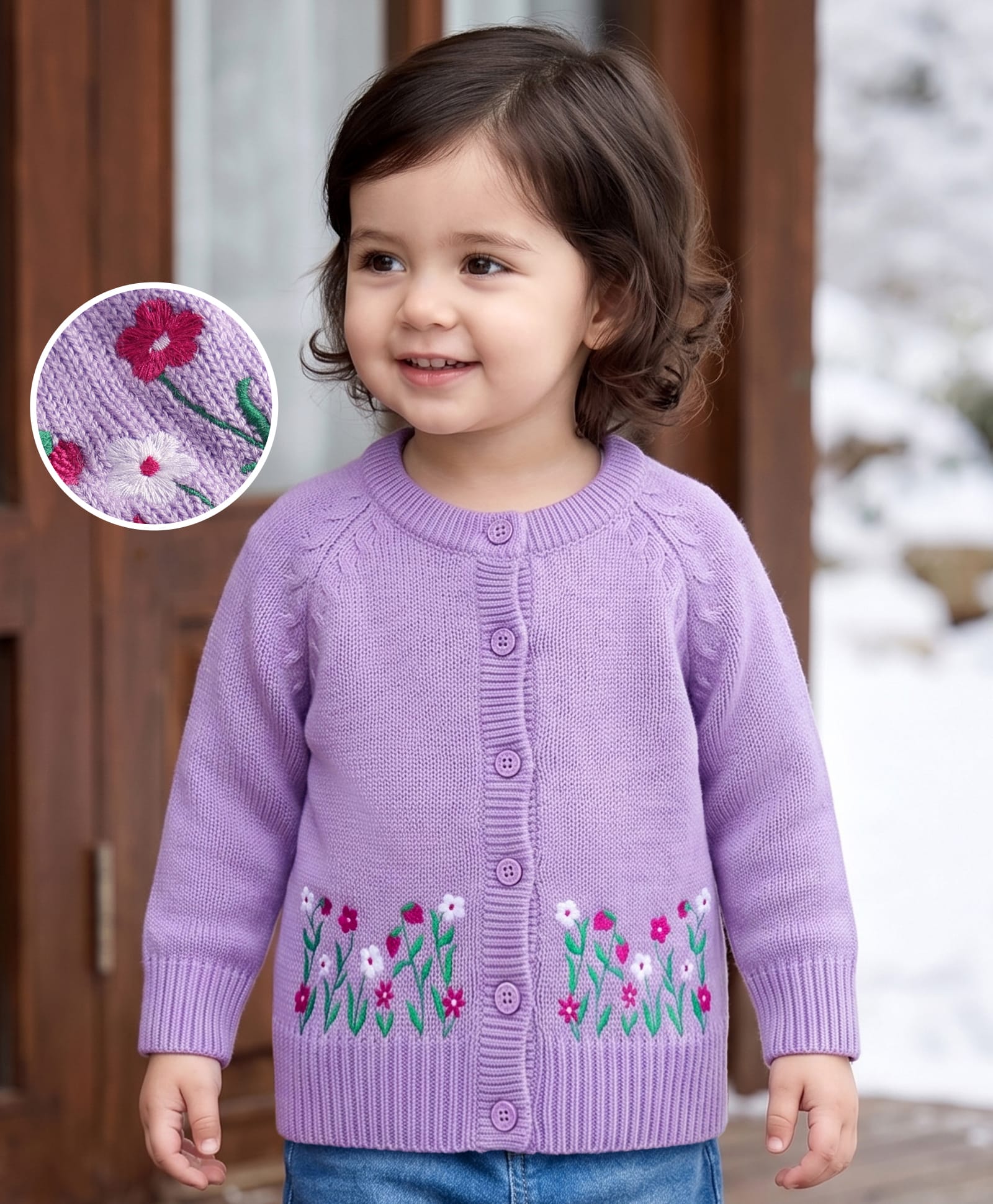 Babyhug Knit Raglan Half Sleeves Floral Embroidered Front Open Sweater - Lavender-picture-12