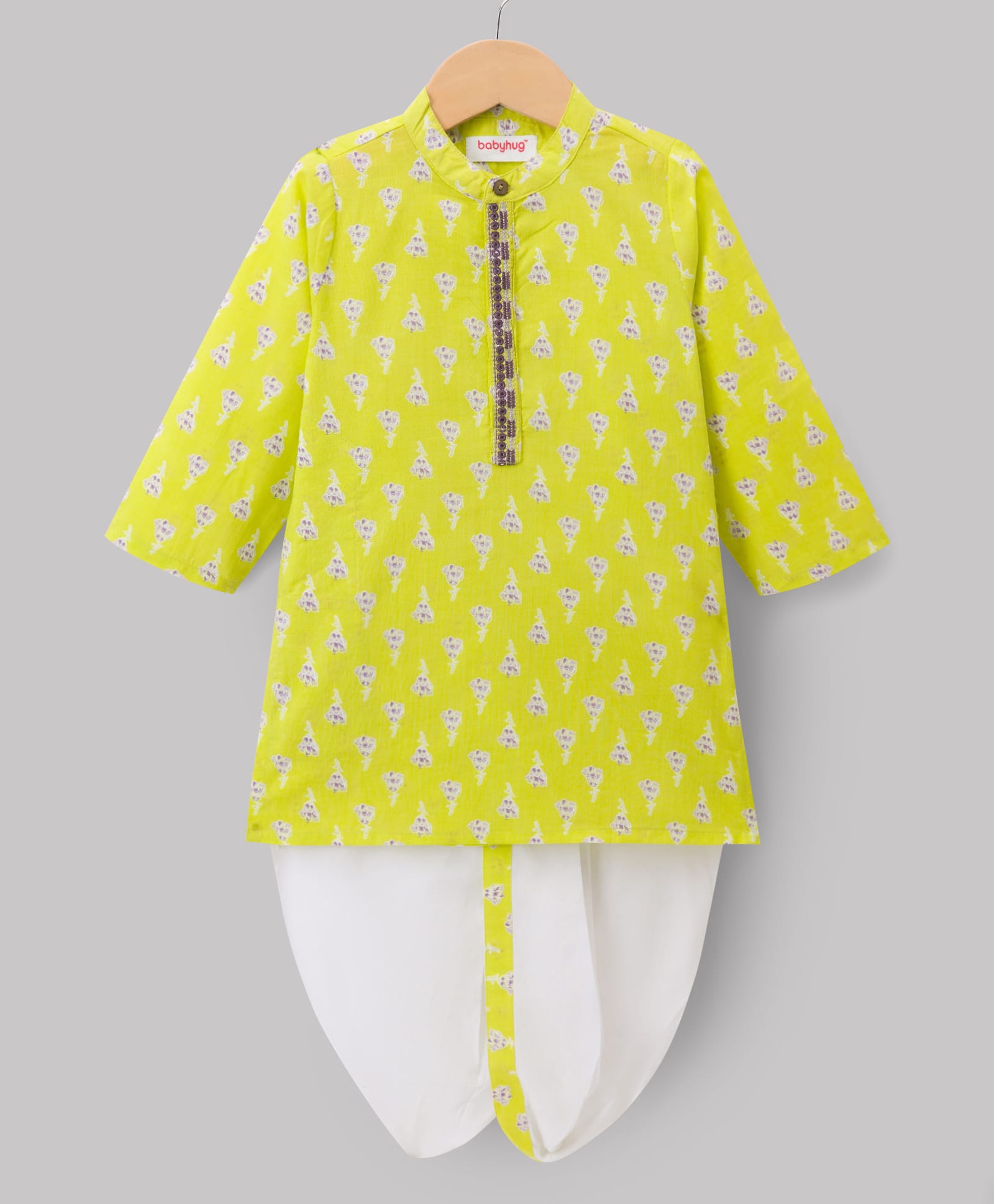 Babyhug Cambric Woven Full Sleeves Mandarin Collared Kurta & Dhoti Set With Floral Print - Limegreen-picture-19