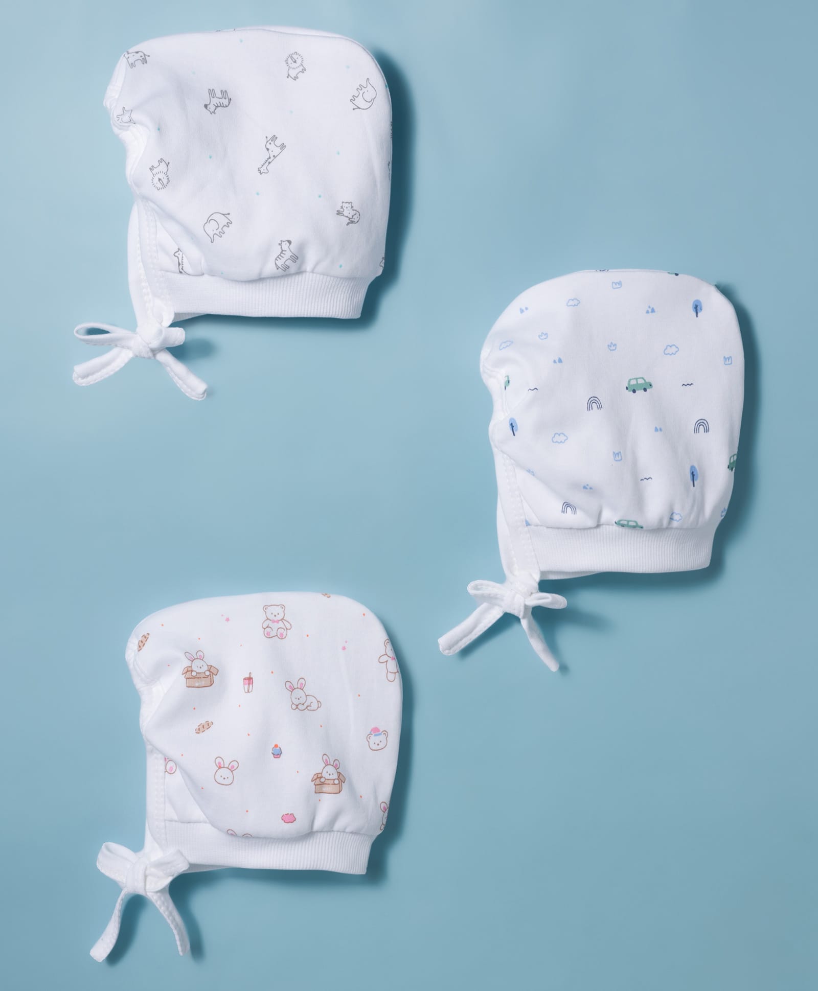 Simply Interlock Knit Animal & Vehicles Printed Cap With Knot Pack Of 3 White - Diameter 12 cm-picture-11