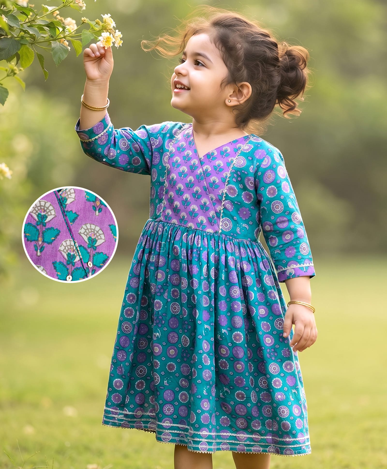 Babyhug Cambric Woven Three Fourth Sleeves Ethnic Dress with Floral Print - Blue-image-26