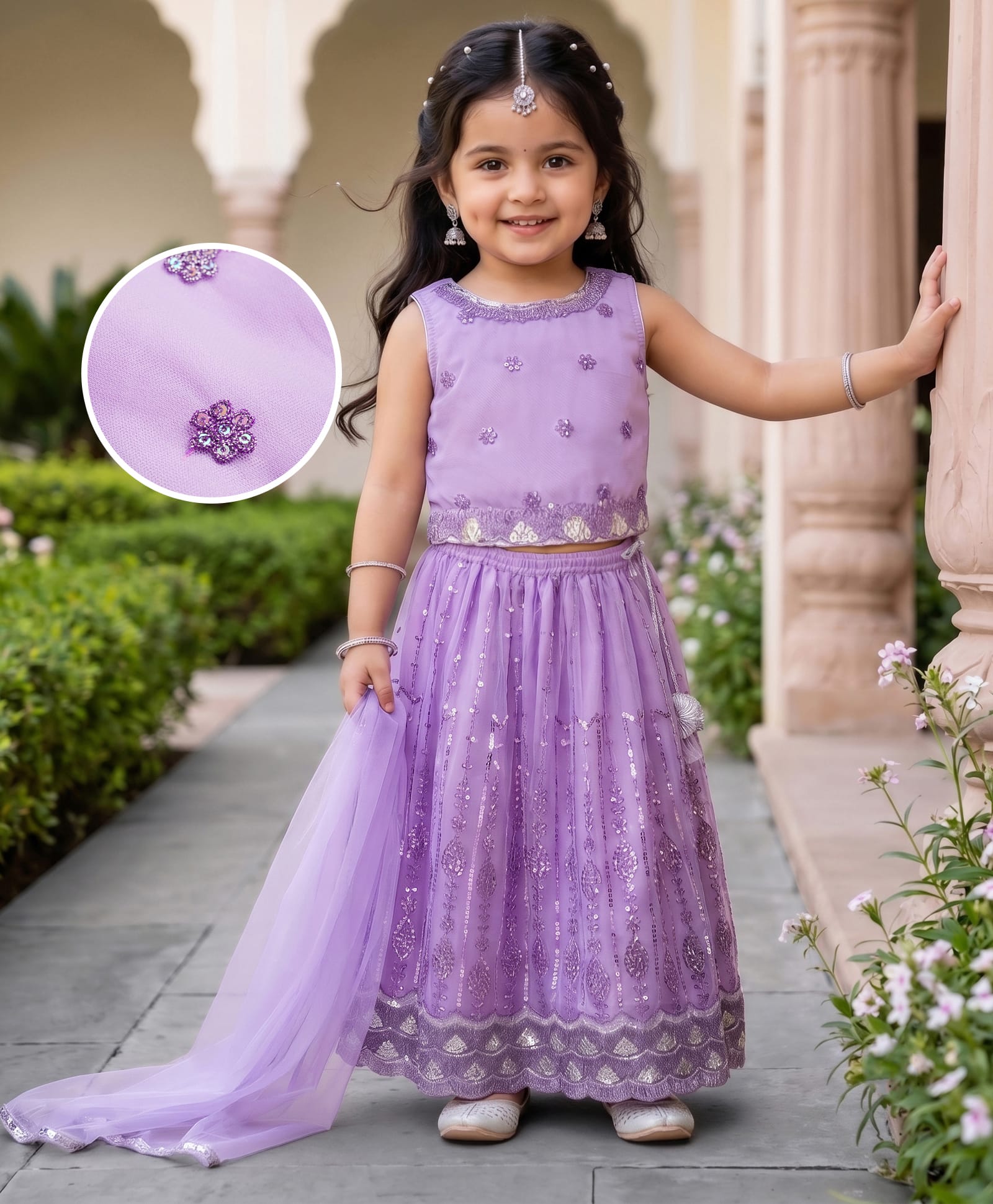 Babyhug Net Woven Sleeveless Floral Sequinned Choli Lehenga Set With Dupatta - Lavender-image-15