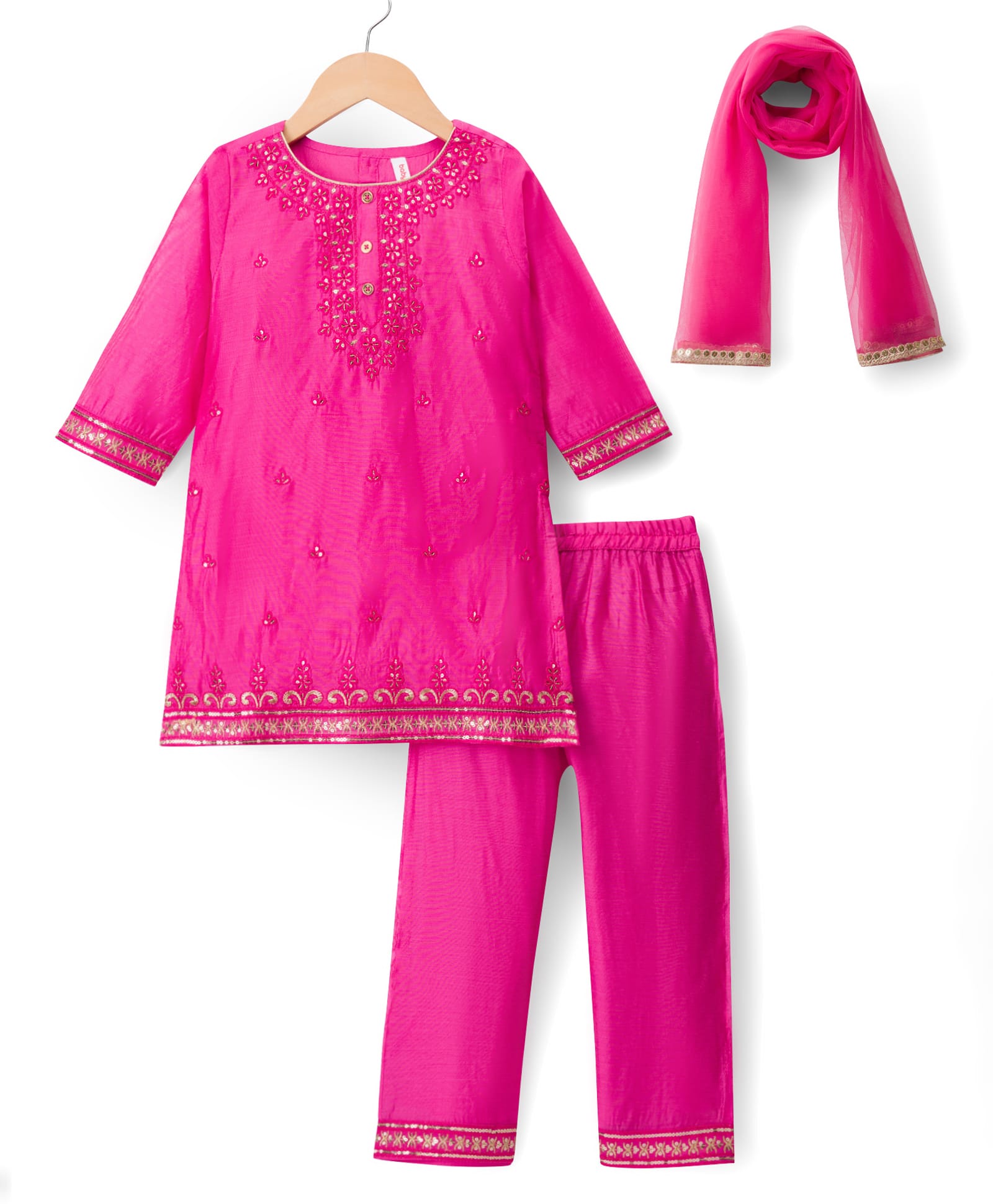 Babyhug Chanderi Woven Three Forth Sleeves Floral Embroidered Kurti & Palazzo Set With Dupatta - Dark Pink-picture-14