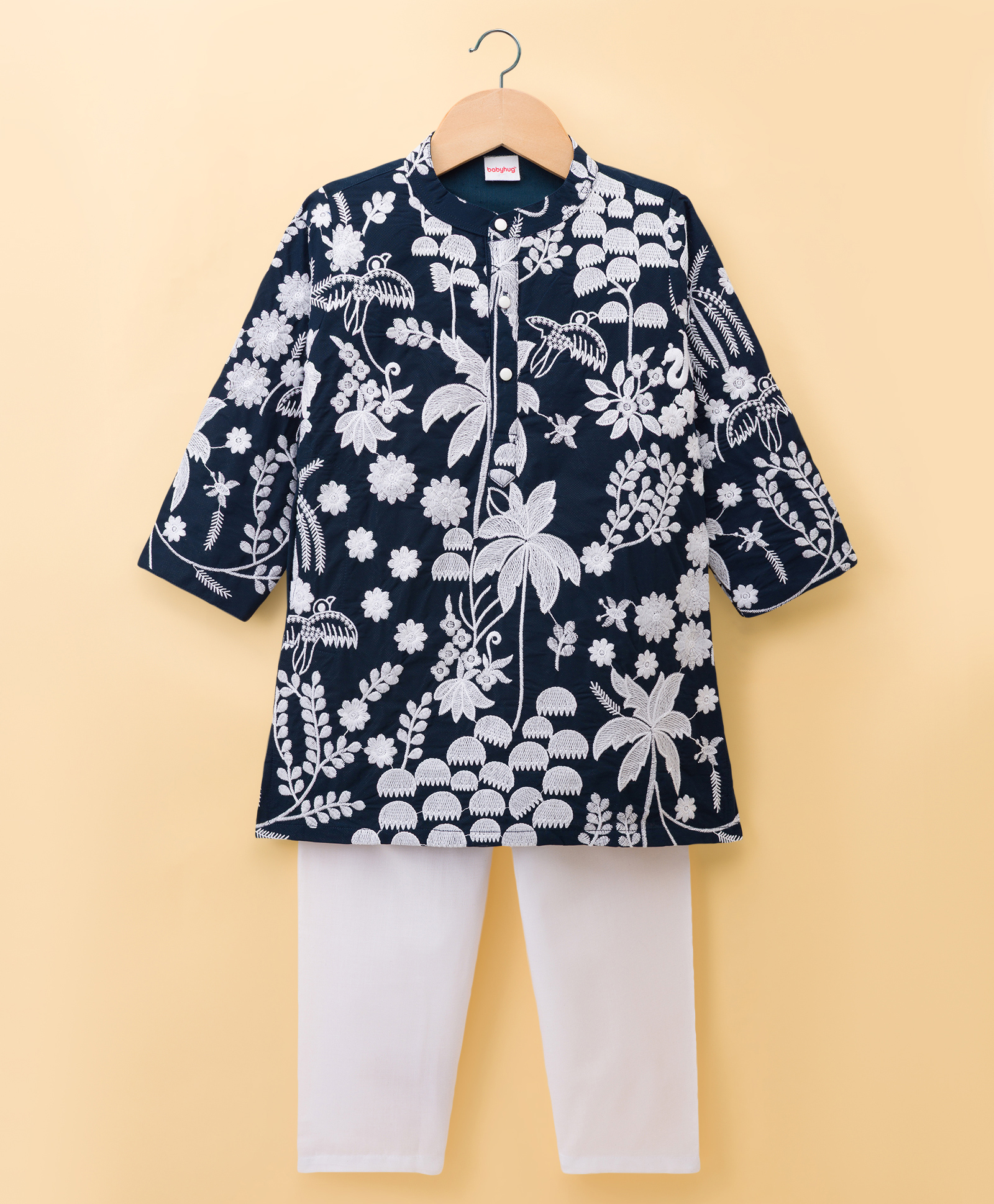 Babyhug Chanderi Woven Full Sleeves Kurta Pyjama Set with Floral Embroidery - Navy Blue-image-40