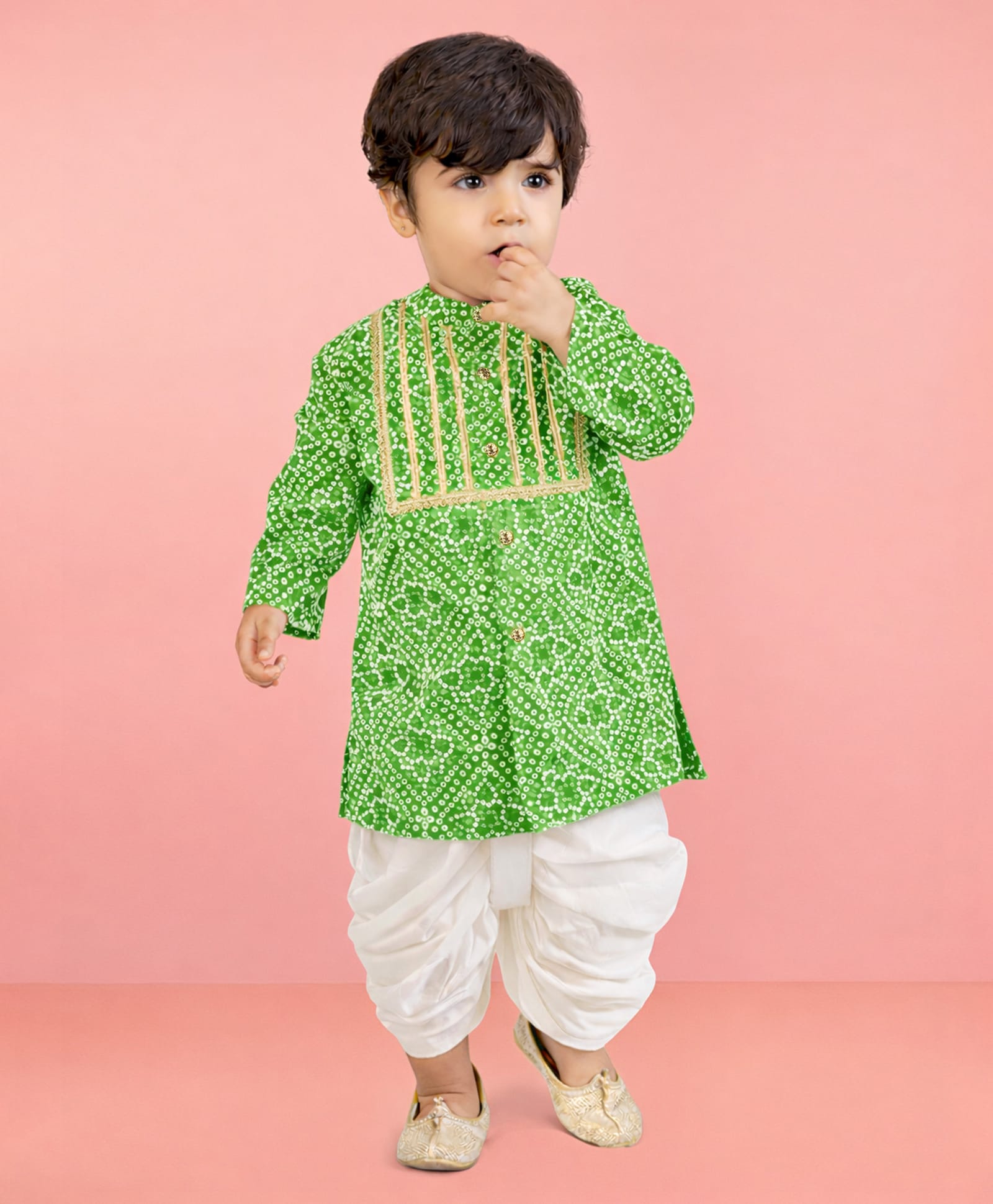 Vastramay Pure Cotton Woven Full Sleeves Bandhani Printed Kurta & Dhoti Set - Green-image-21