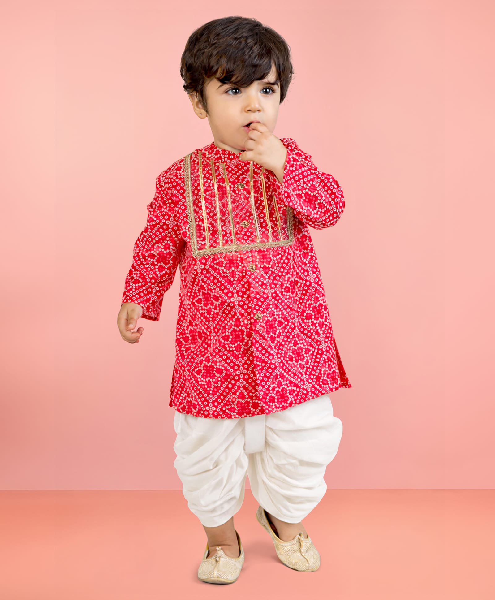 Vastramay Pure Cotton Woven Full Sleeves Bandhani Printed Kurta & Dhoti Set - Red-picture-26